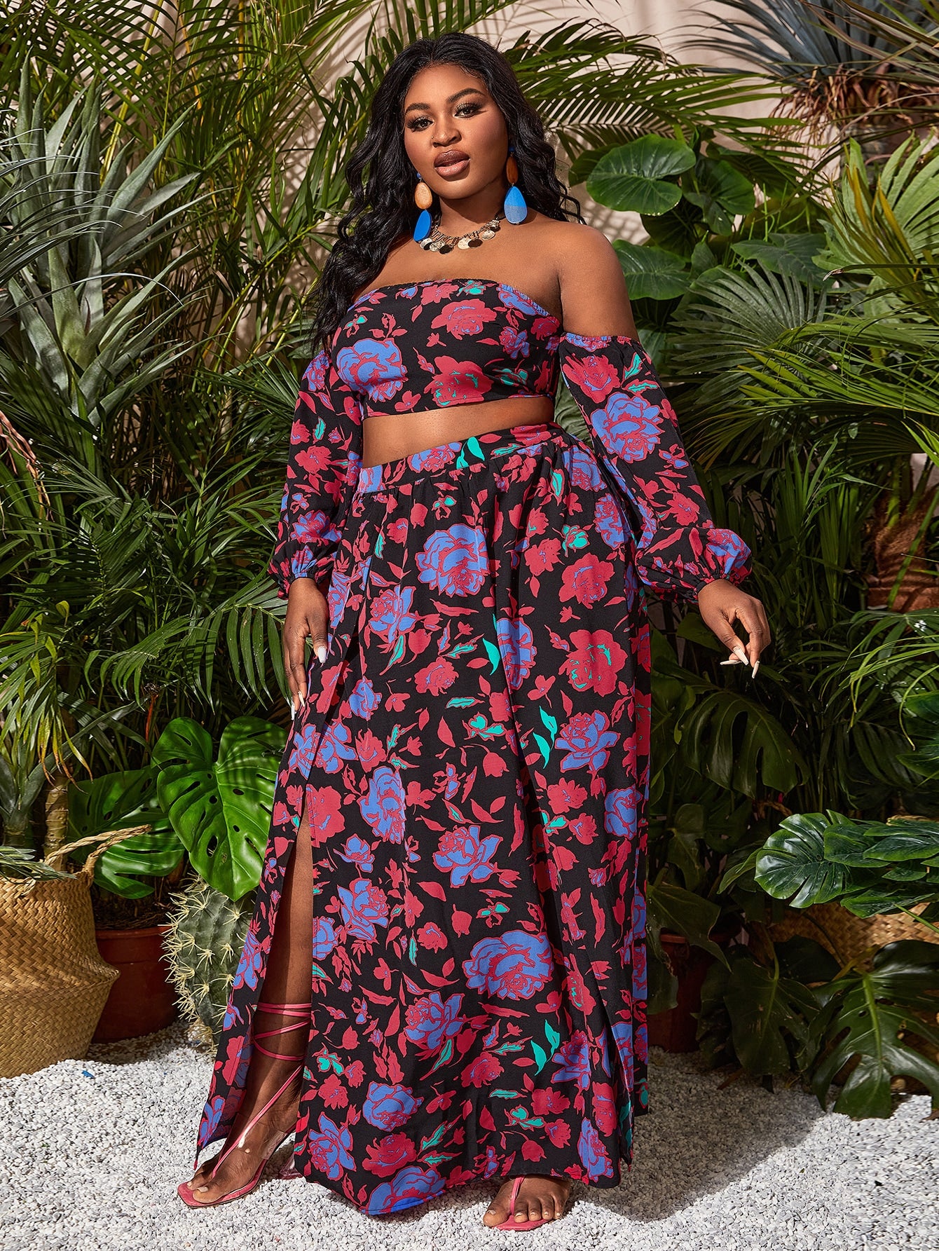 Plus Floral Off The Shoulder Top Split Thigh Skirt Set