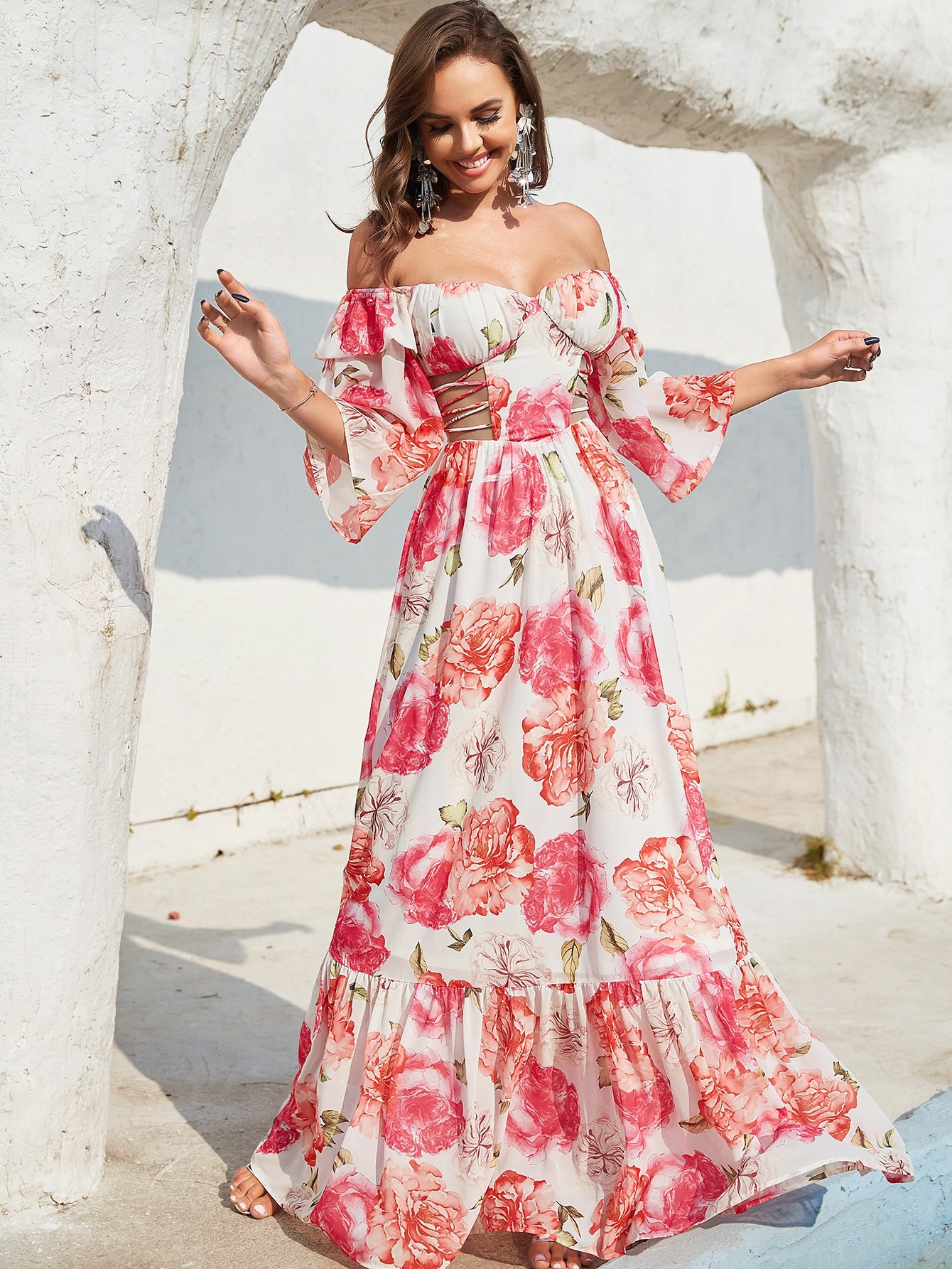 Floral Off The Shoulder Flounce Sleeve Cut Out Maxi Dress
