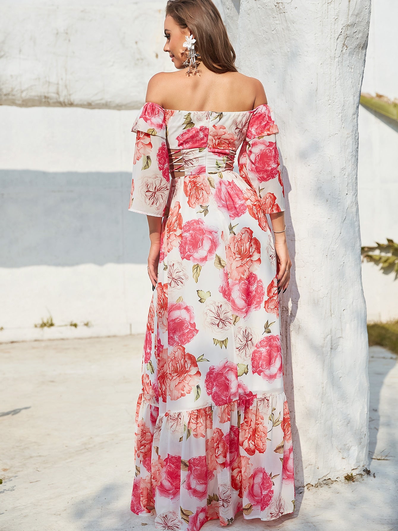 Floral Off The Shoulder Flounce Sleeve Cut Out Maxi Dress