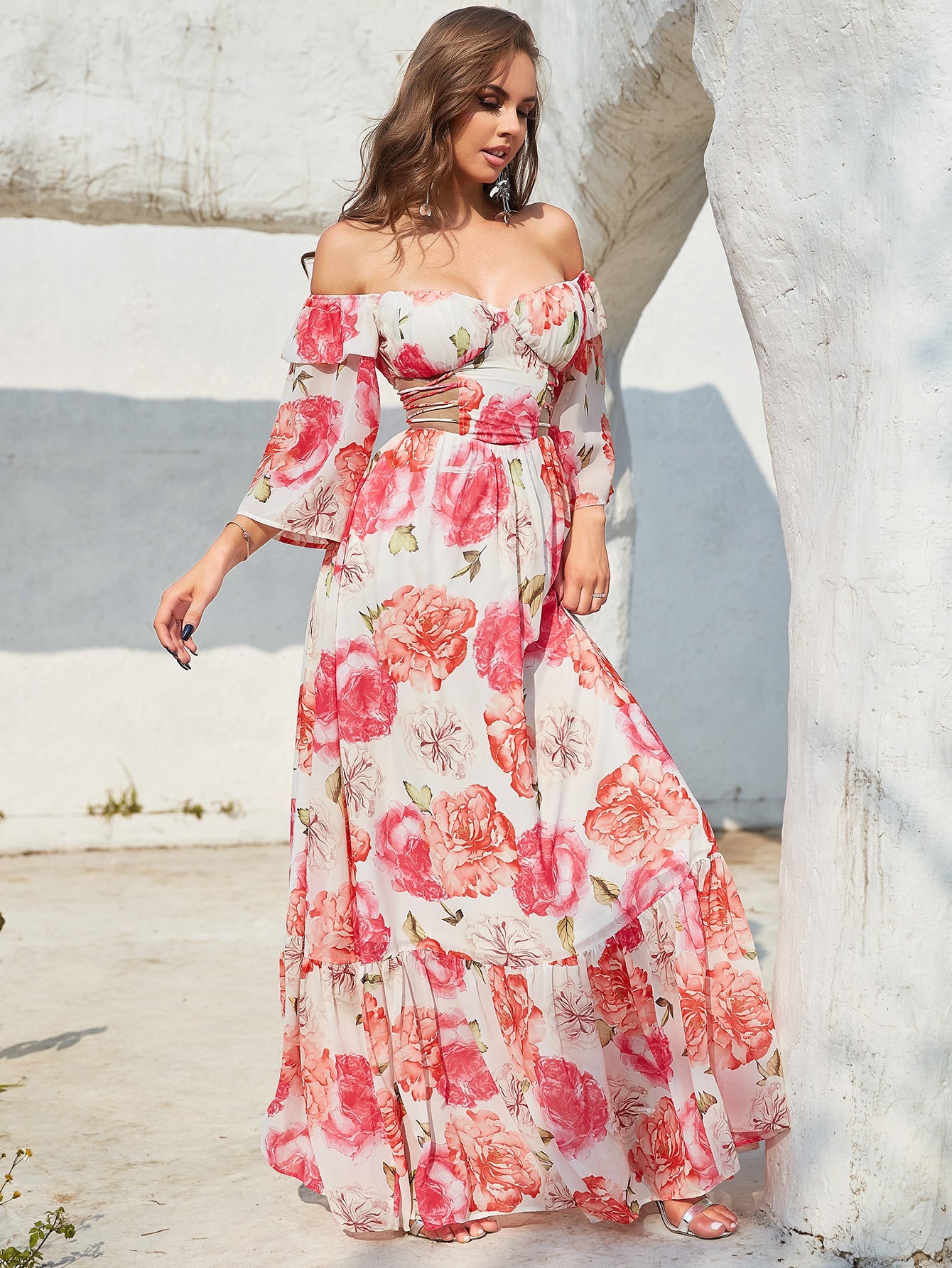 Floral Off The Shoulder Flounce Sleeve Cut Out Maxi Dress