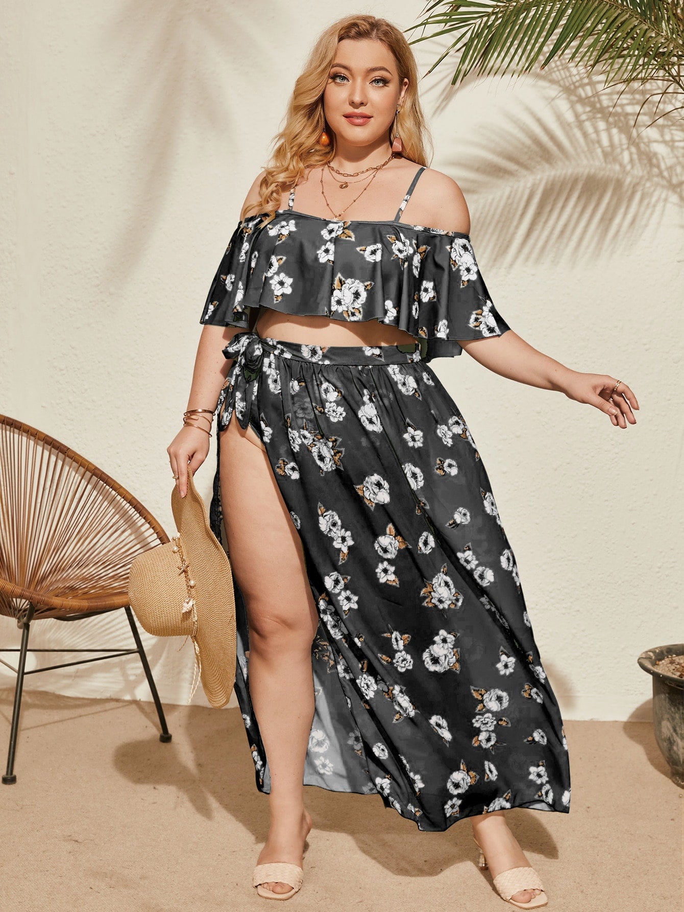 Plus 3 Pc Tropical Print Cold Shoulder Knot Side Bikini Swimsuit