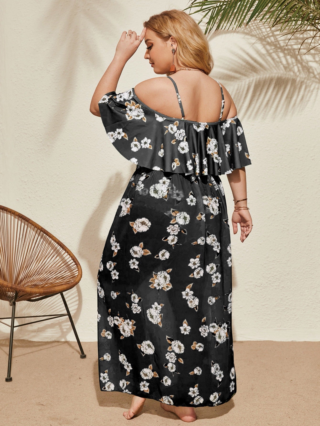 Plus 3 Pc Tropical Print Cold Shoulder Knot Side Bikini Swimsuit