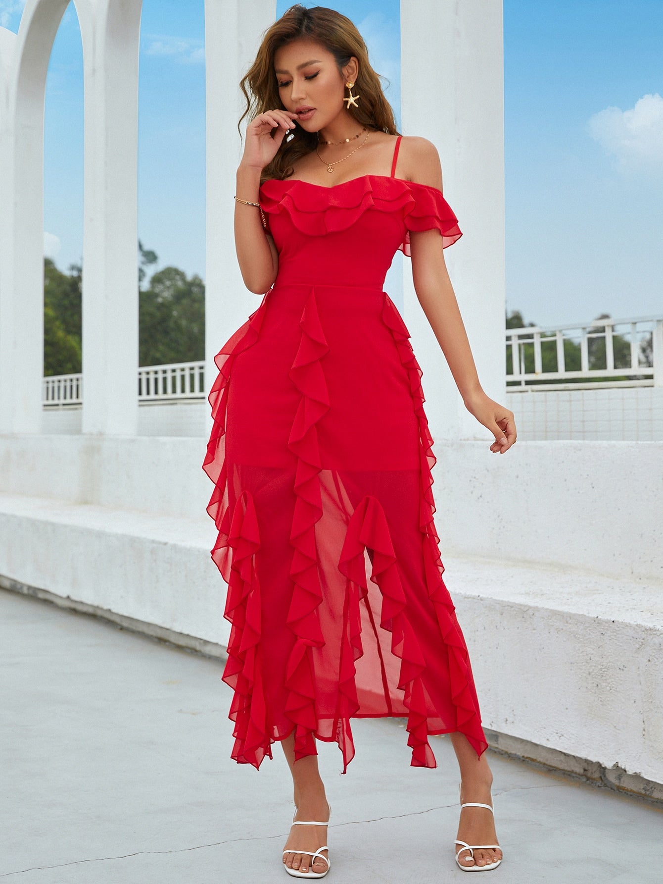 Eilly Bazar Cold Shoulder Layered Ruffle Trim Split Thigh Dress