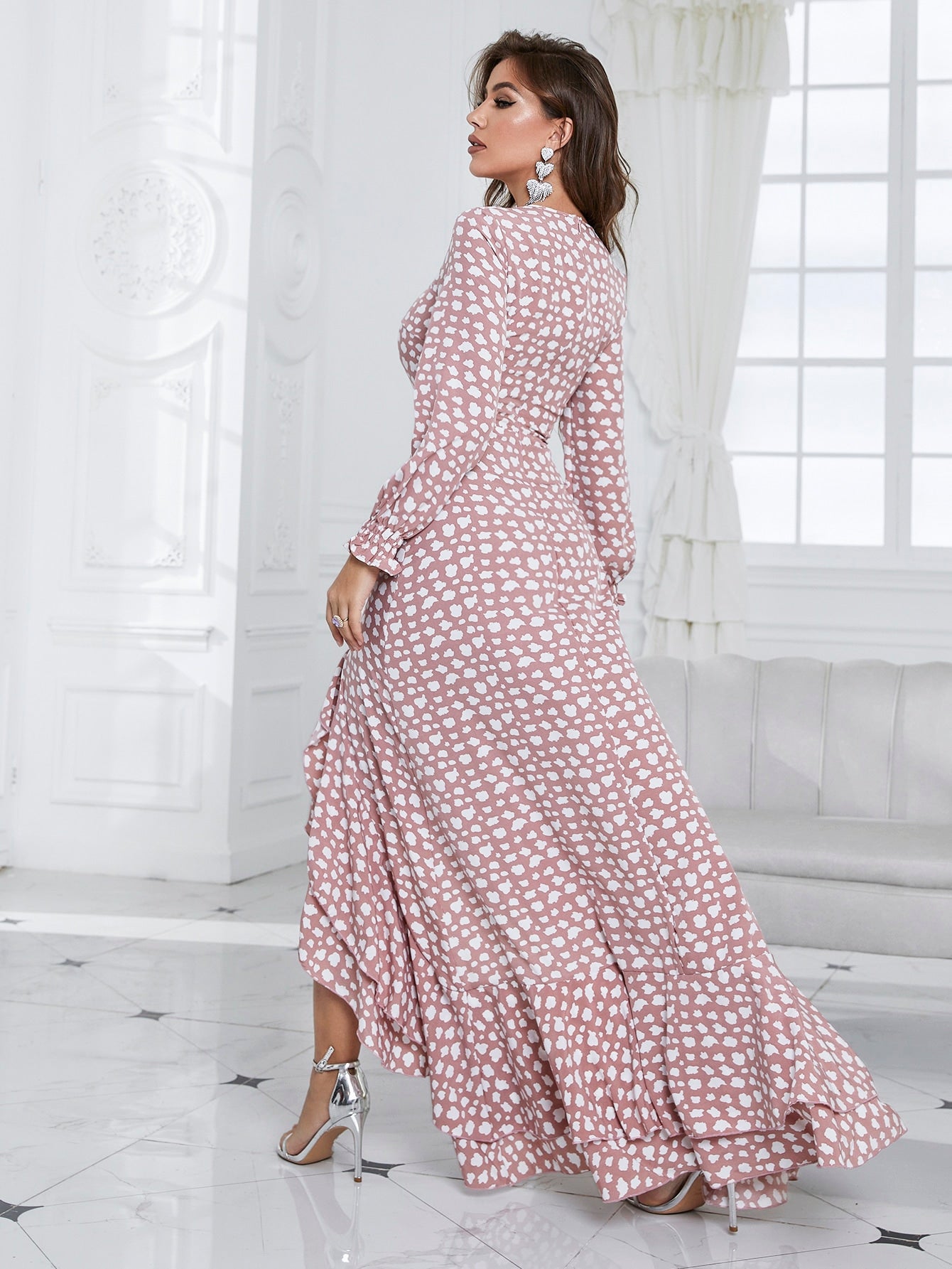 All over Print Twist Front Cut out Lantern Sleeve Split Thigh Dress