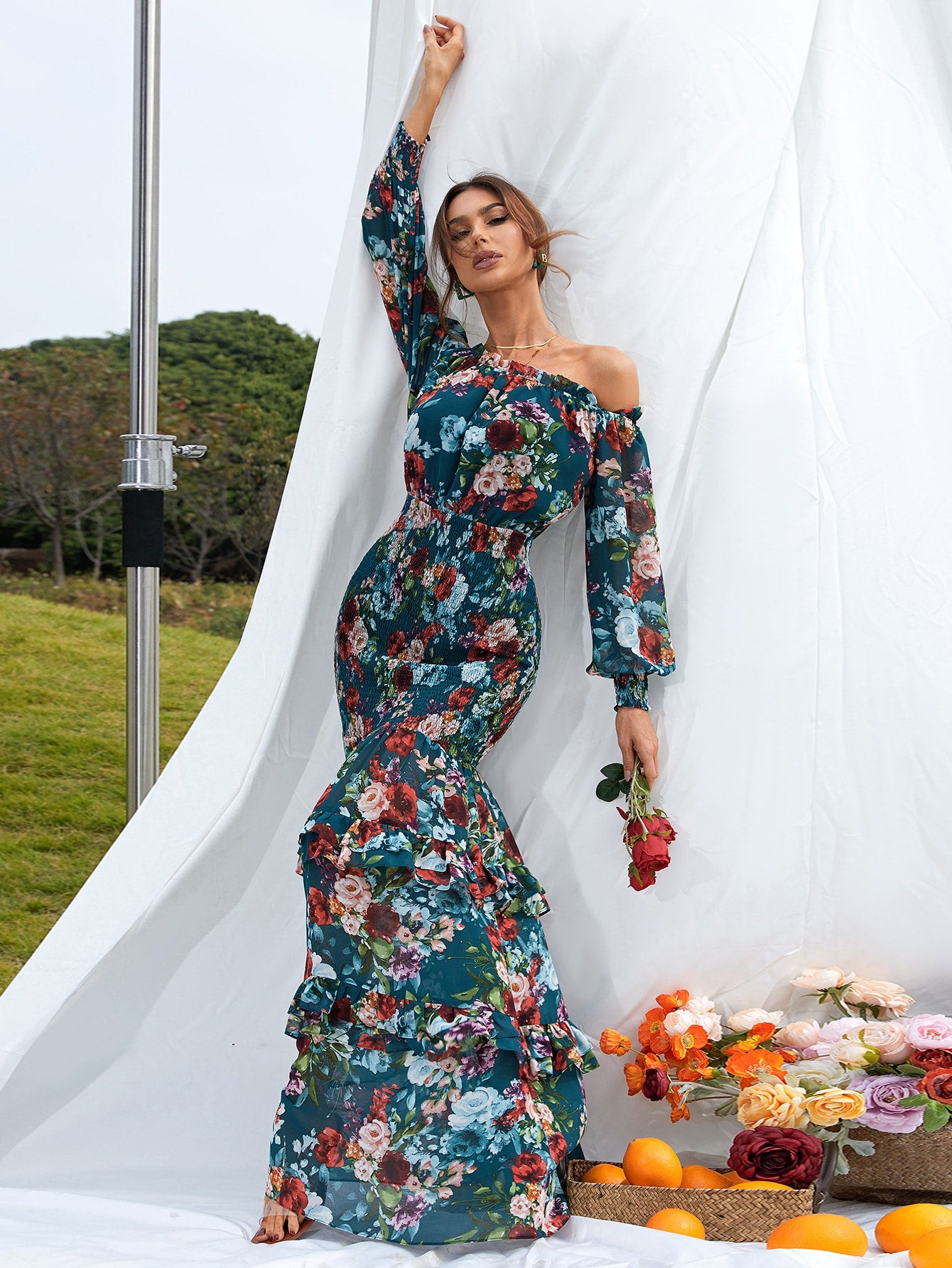 Missord Floral Print Off Shoulder Bishop Sleeve Shirred Ruffle Mermaid Hem Dress