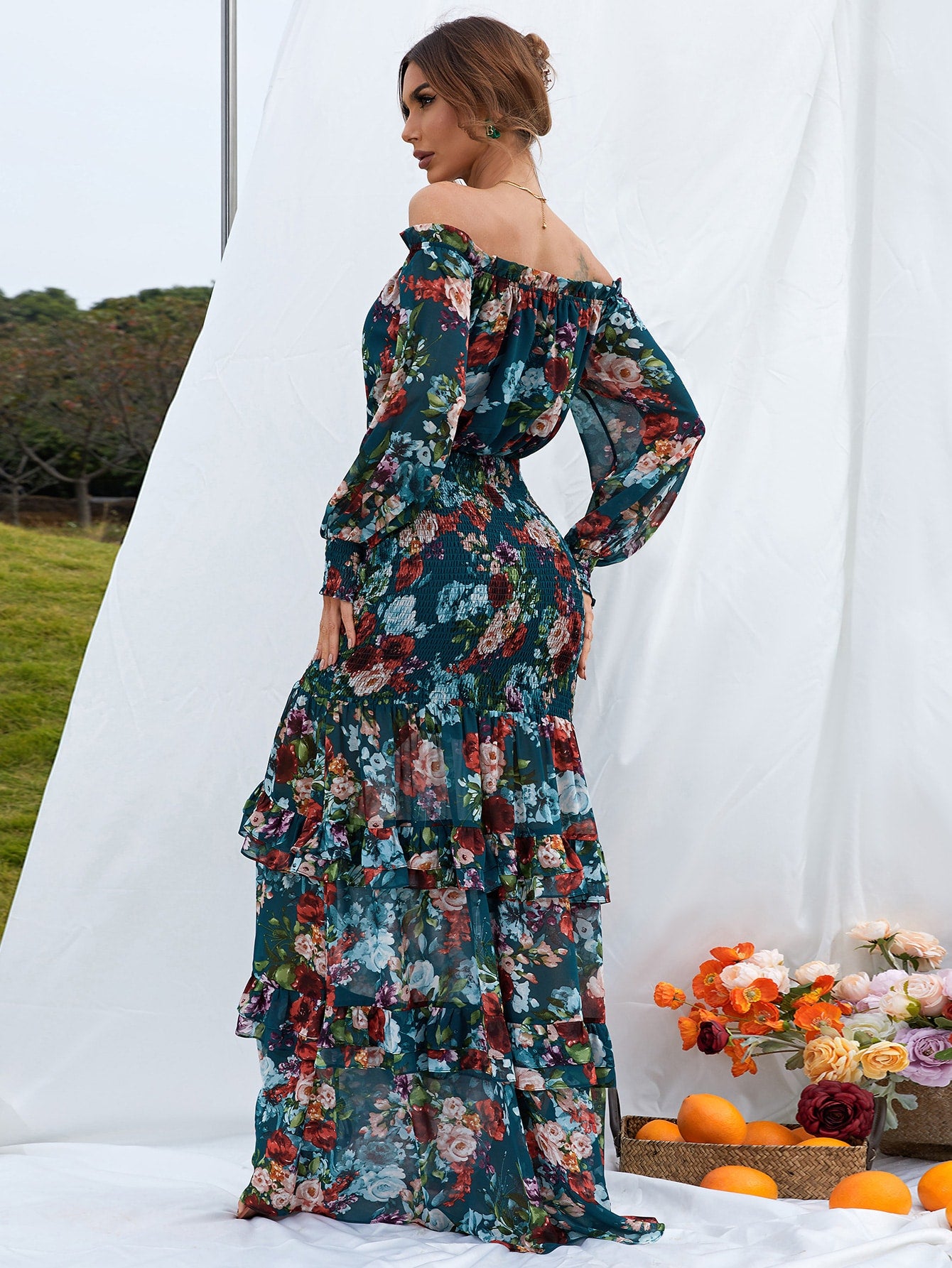 Missord Floral Print Off Shoulder Bishop Sleeve Shirred Ruffle Mermaid Hem Dress