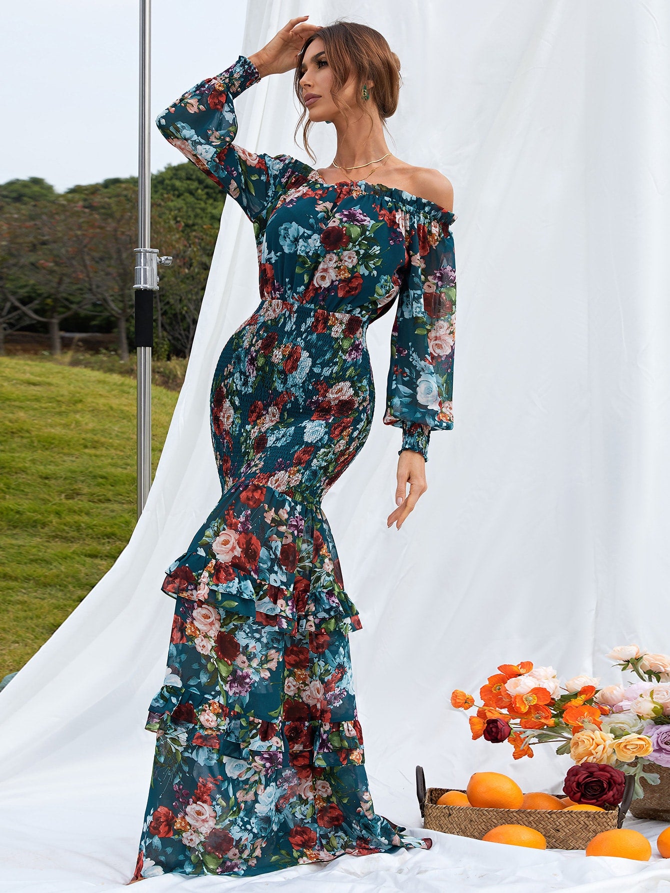 Missord Floral Print Off Shoulder Bishop Sleeve Shirred Ruffle Mermaid Hem Dress