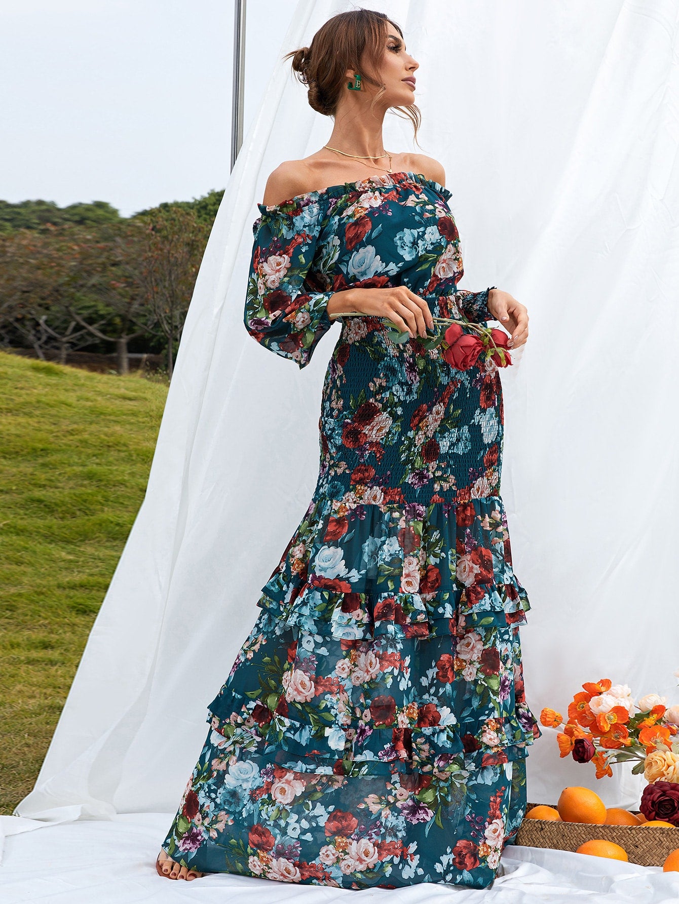 Missord Floral Print Off Shoulder Bishop Sleeve Shirred Ruffle Mermaid Hem Dress