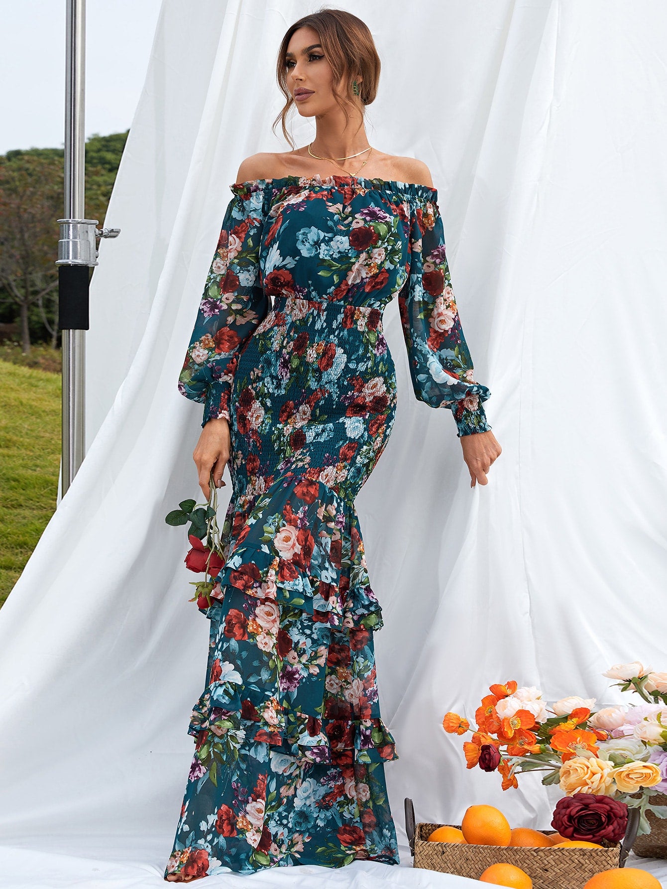 Missord Floral Print Off Shoulder Bishop Sleeve Shirred Ruffle Mermaid Hem Dress