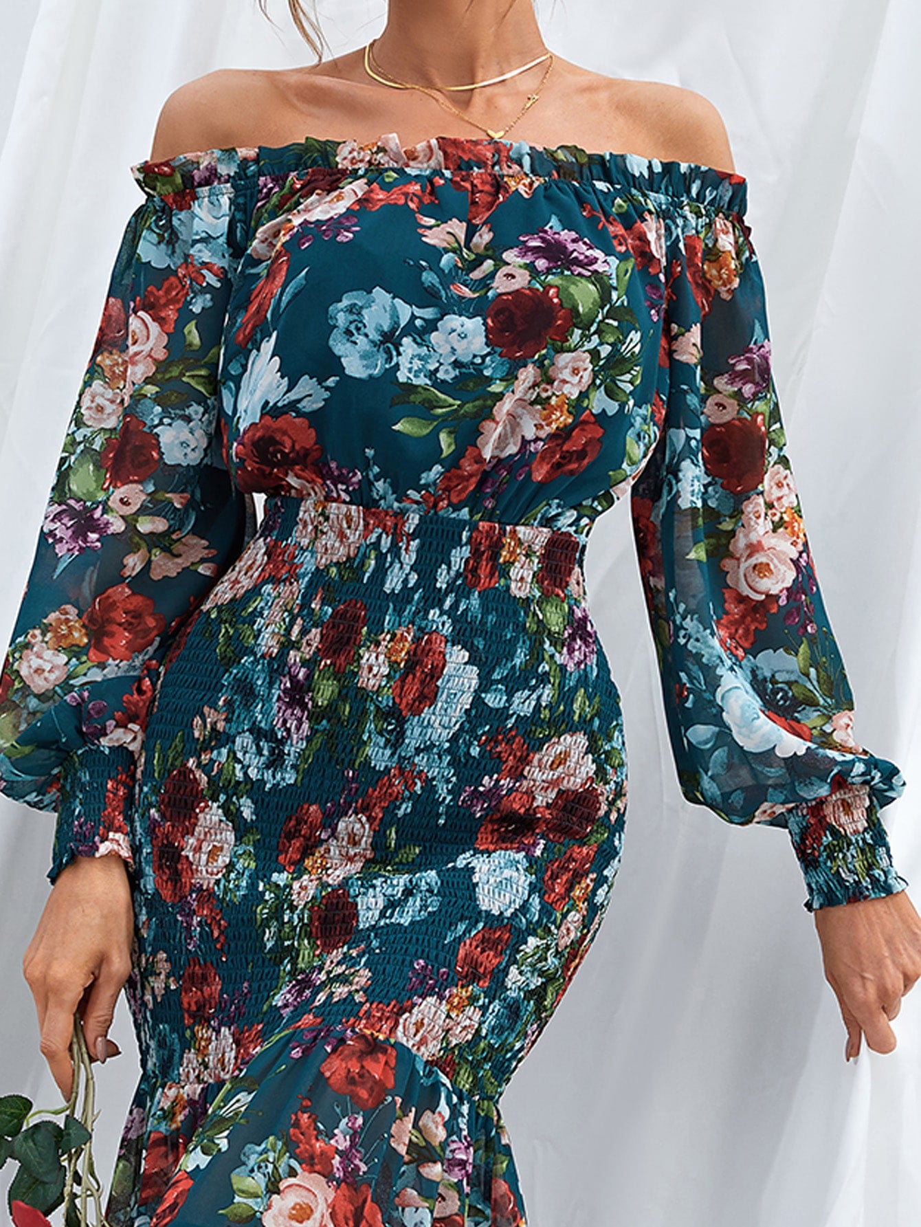 Missord Floral Print Off Shoulder Bishop Sleeve Shirred Ruffle Mermaid Hem Dress