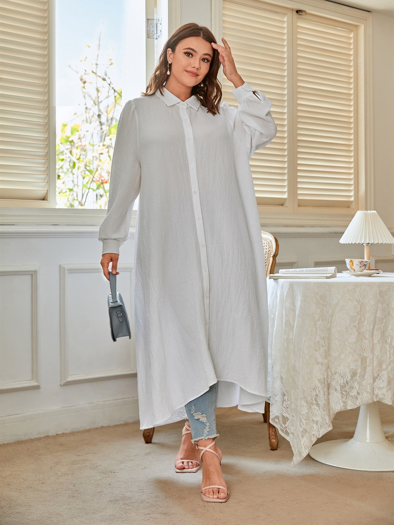 Plus Single Breasted High Low Hem Shirt Dress