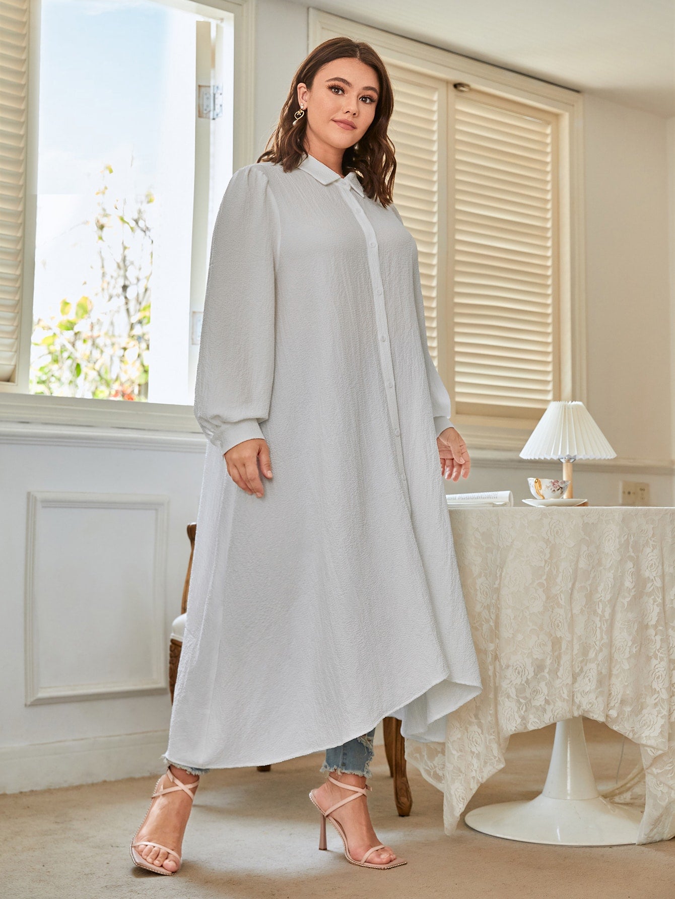 Plus Single Breasted High Low Hem Shirt Dress