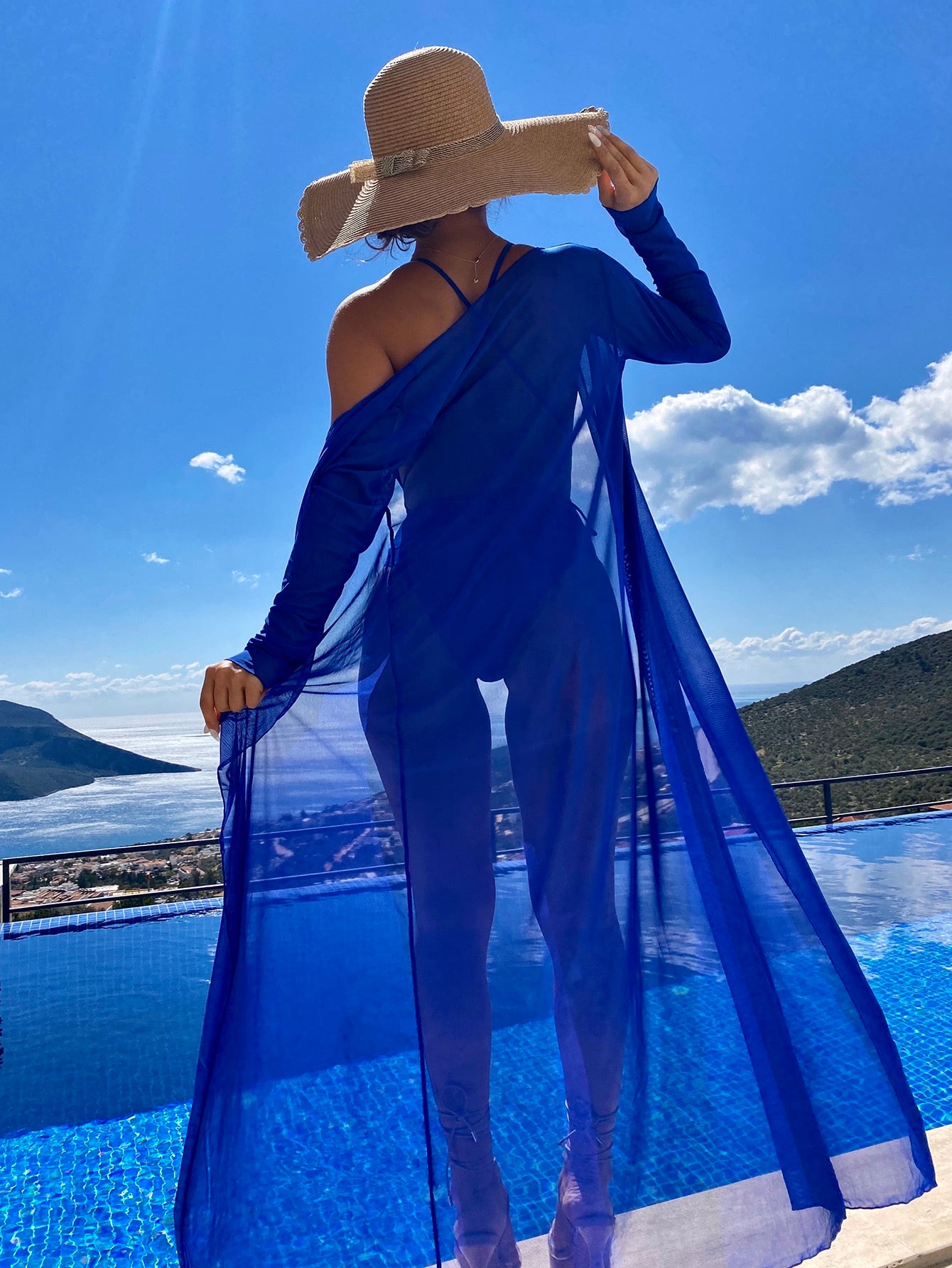 Solid Backless One Piece Swimsuit With Kimono