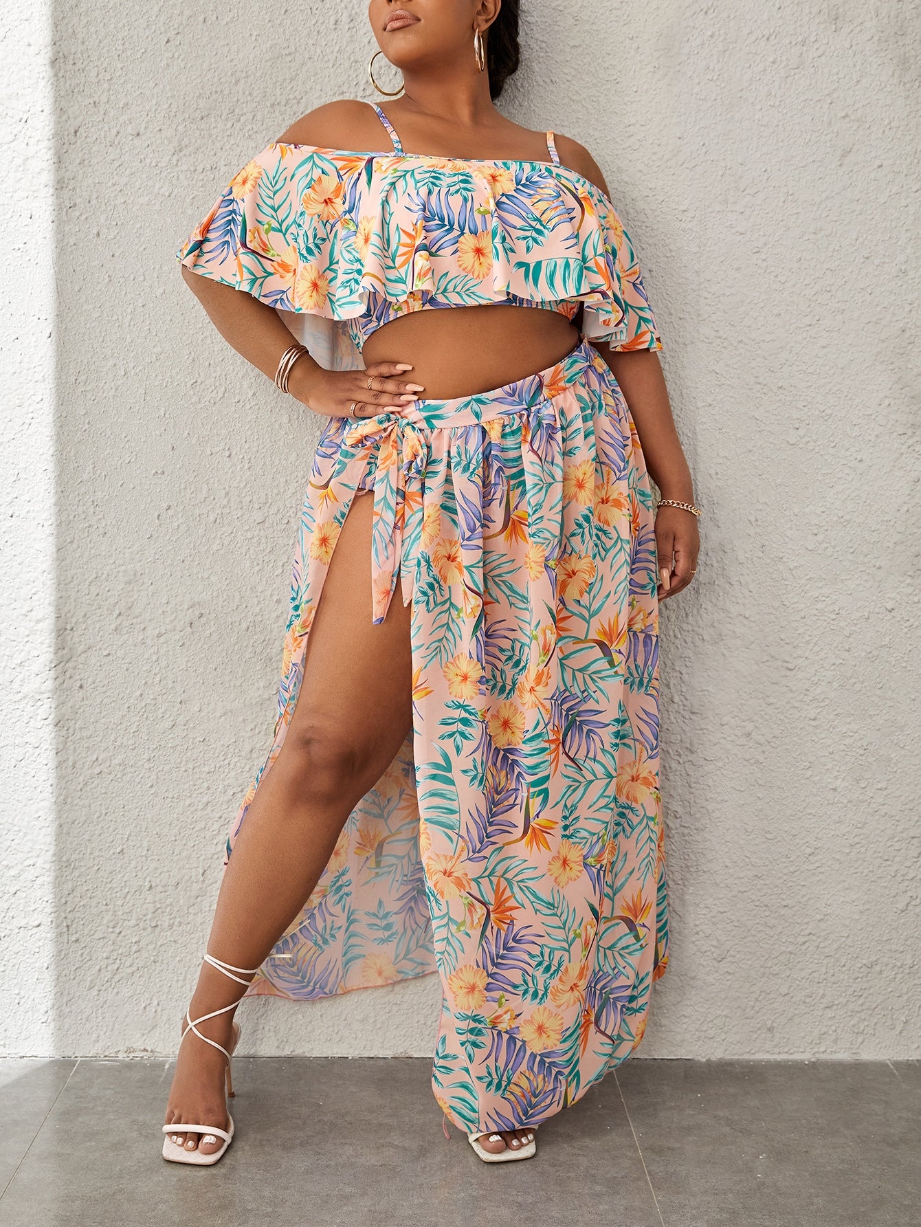 Plus 3 Pc Tropical Print Cold Shoulder Knot Side Bikini Swimsuit