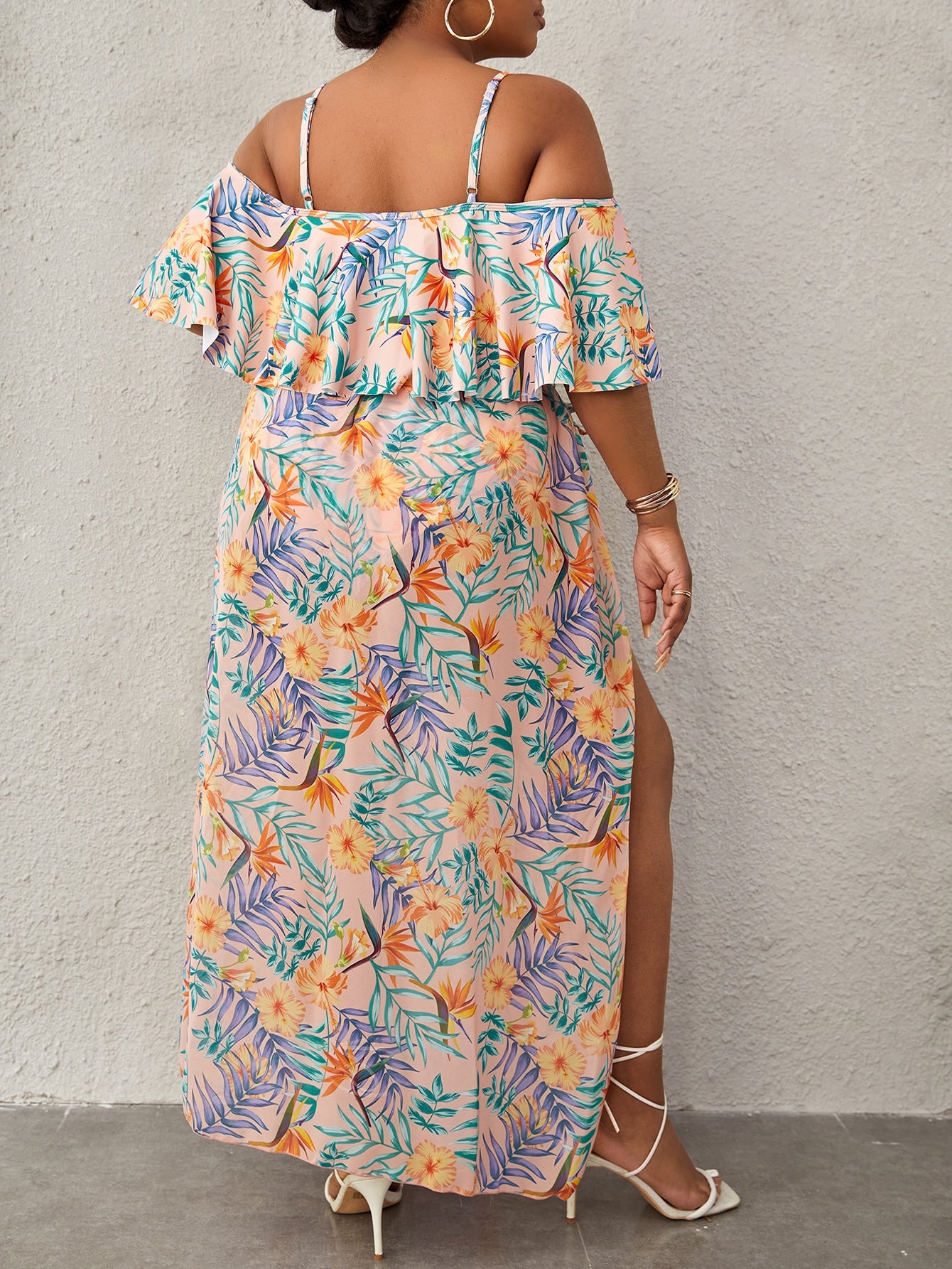 Plus 3 Pc Tropical Print Cold Shoulder Knot Side Bikini Swimsuit