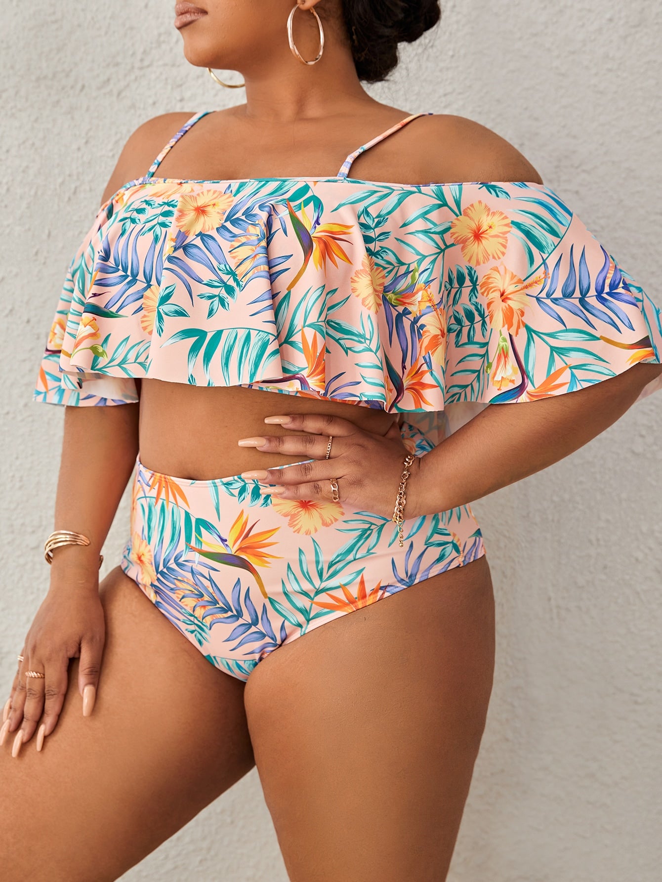 Plus 3 Pc Tropical Print Cold Shoulder Knot Side Bikini Swimsuit