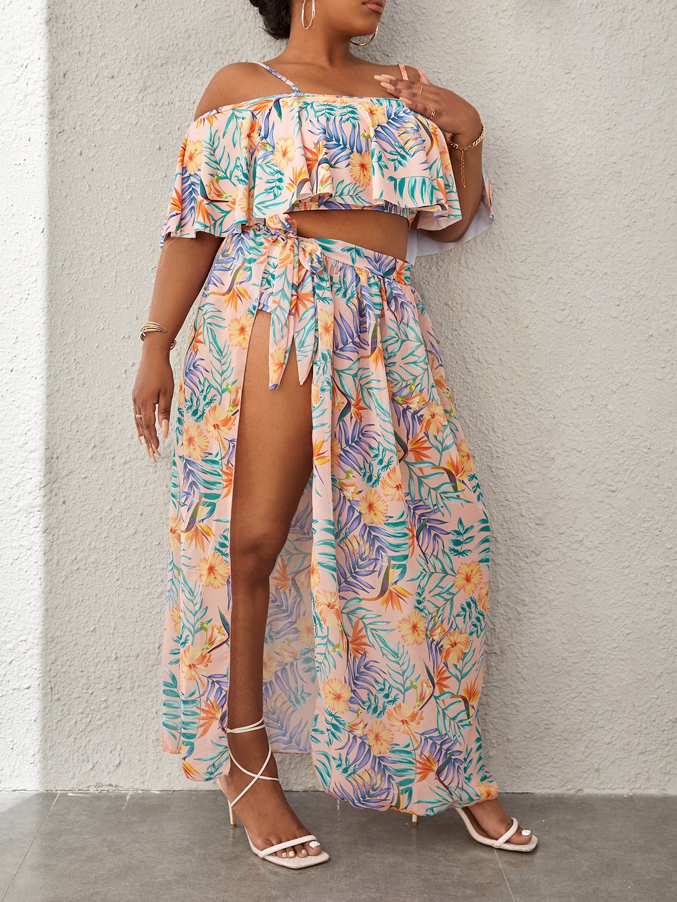 Plus 3 Pc Tropical Print Cold Shoulder Knot Side Bikini Swimsuit