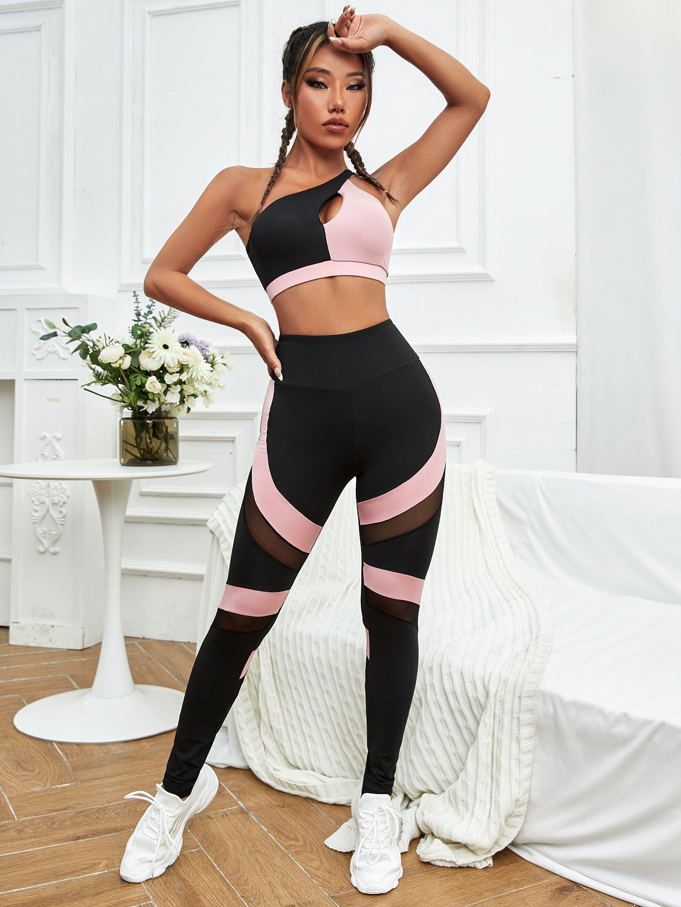 Two Tone Cut Out One Shoulder Mesh Panel Sports Set