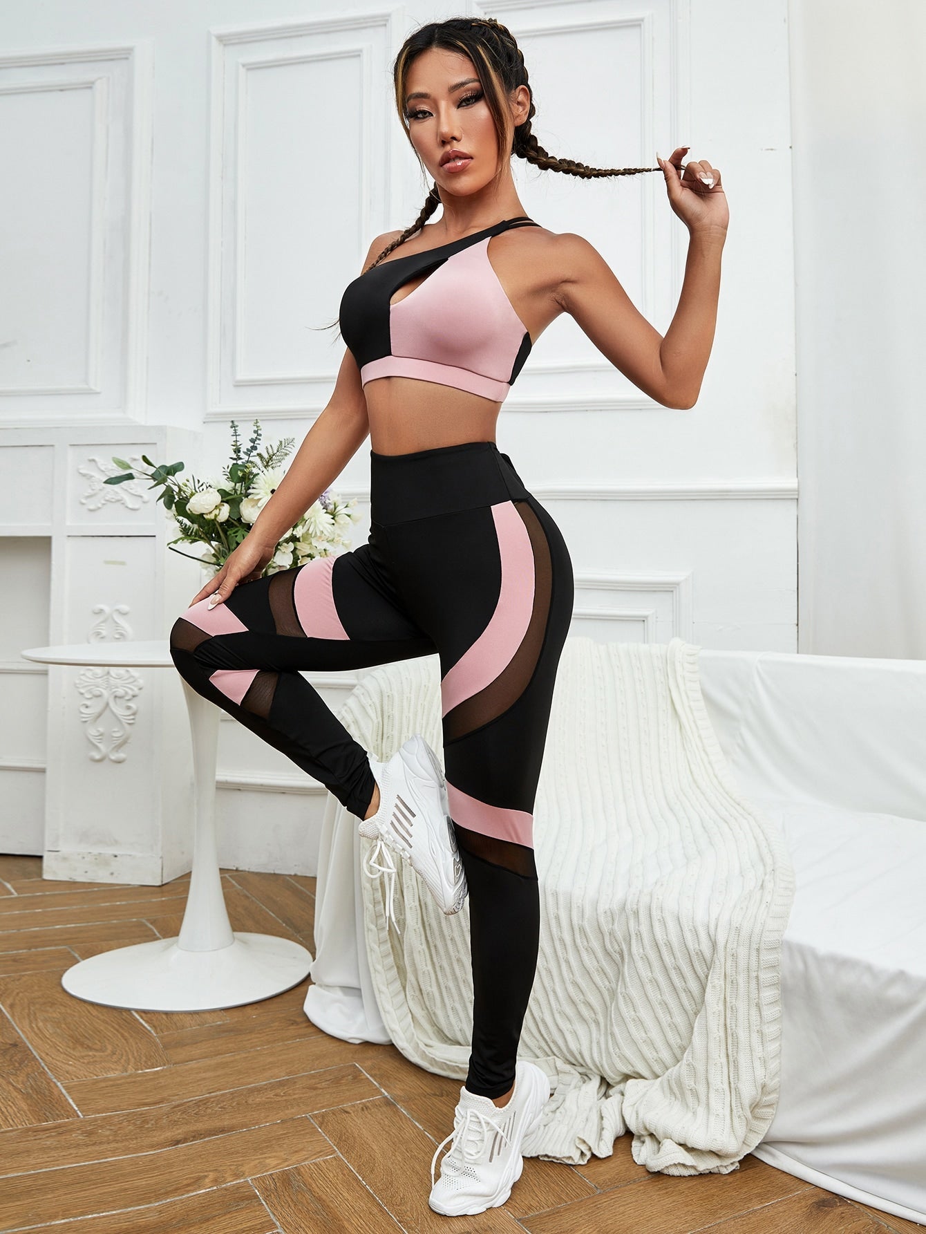 Two Tone Cut Out One Shoulder Mesh Panel Sports Set