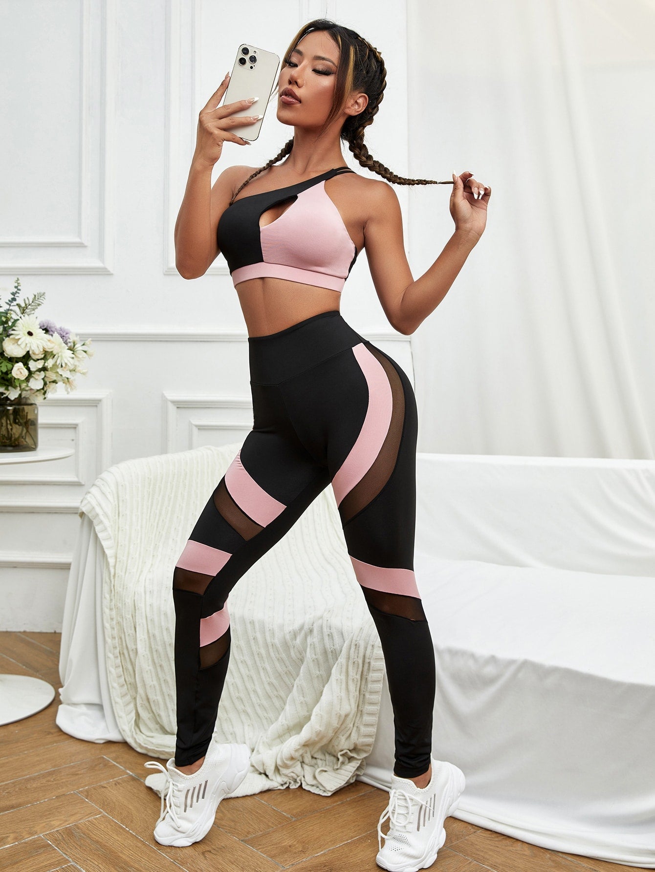 Two Tone Cut Out One Shoulder Mesh Panel Sports Set