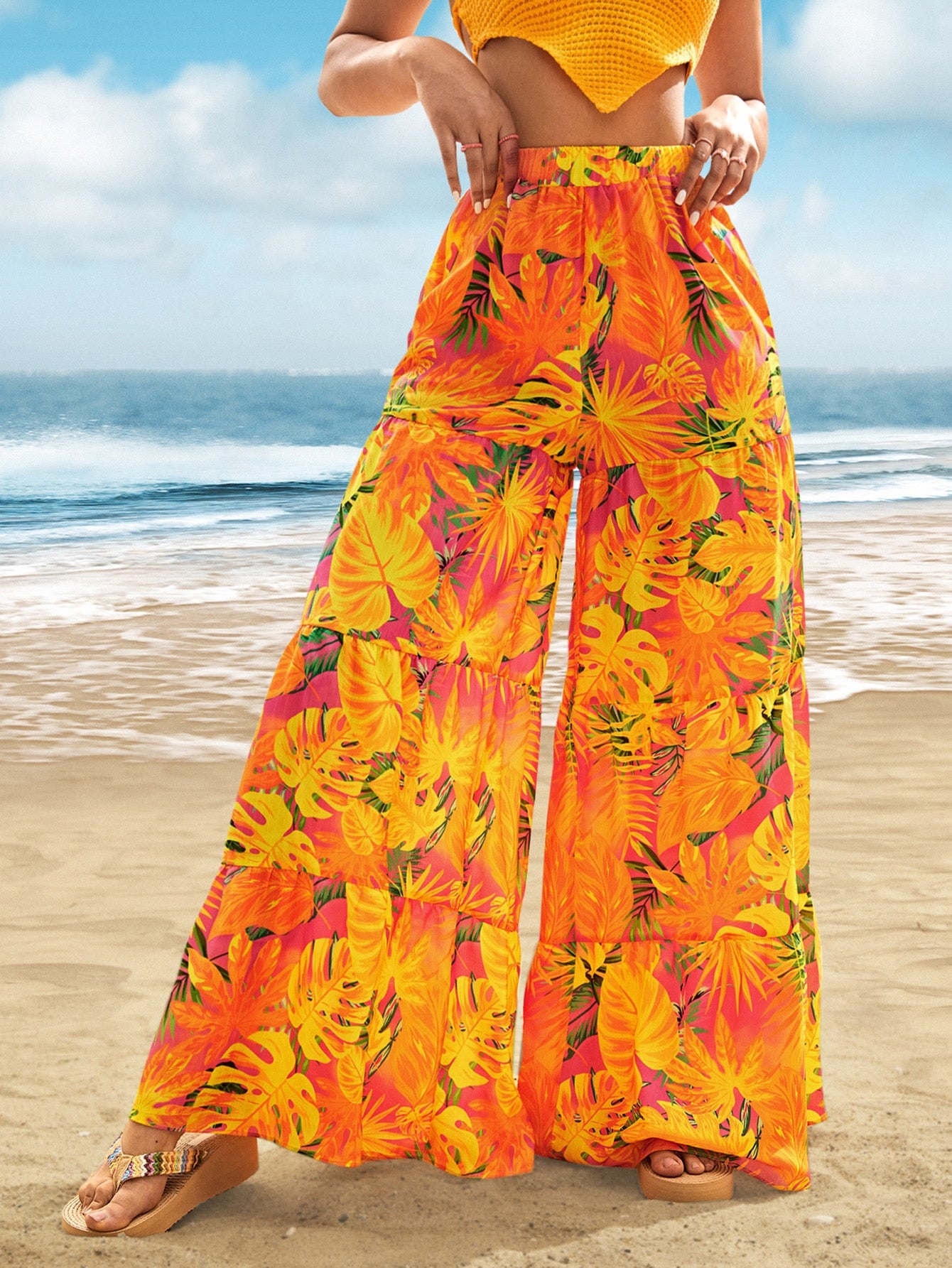 Tropical Print Ruffle Hem Wide Leg Pants