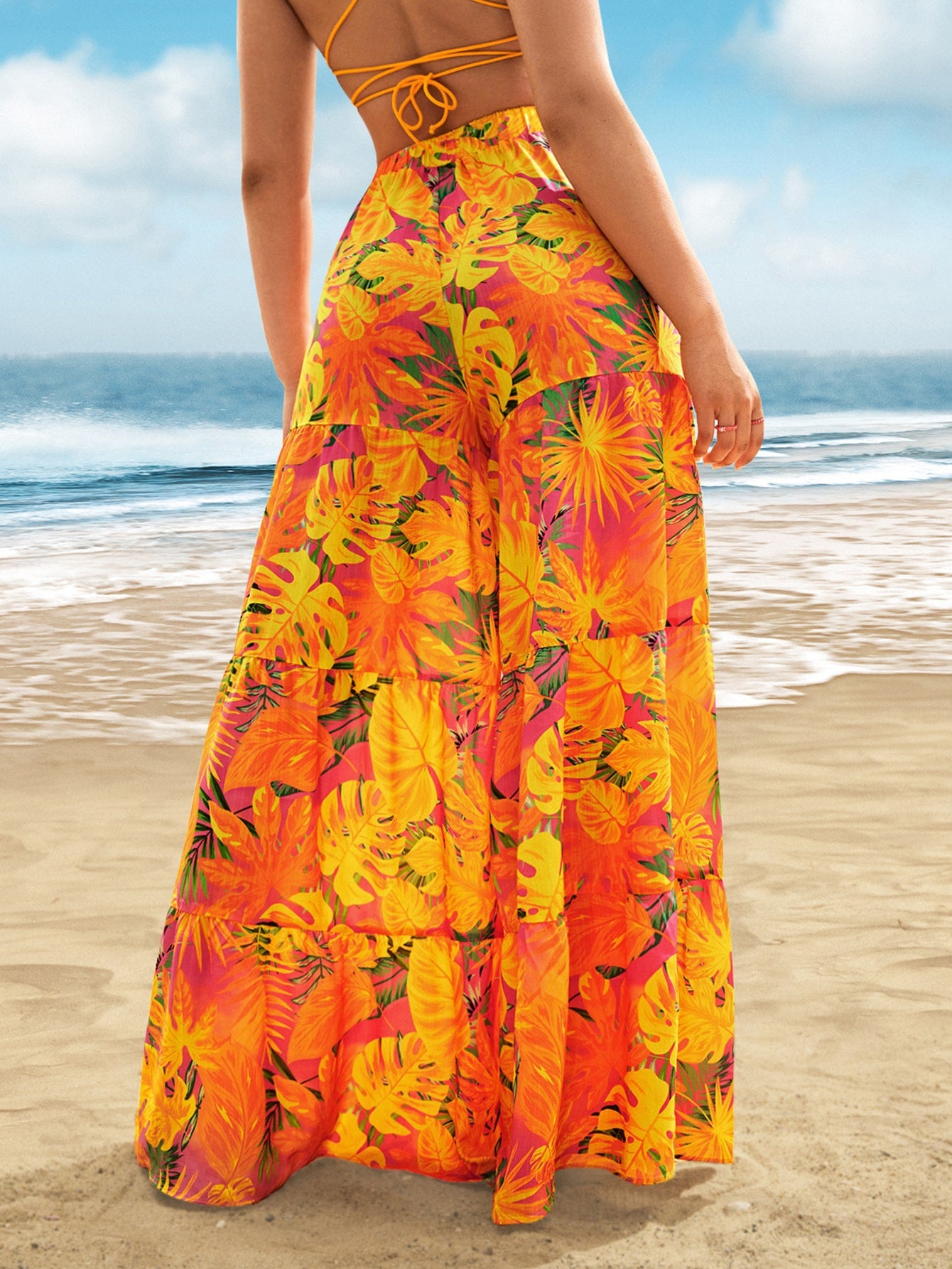 Tropical Print Ruffle Hem Wide Leg Pants