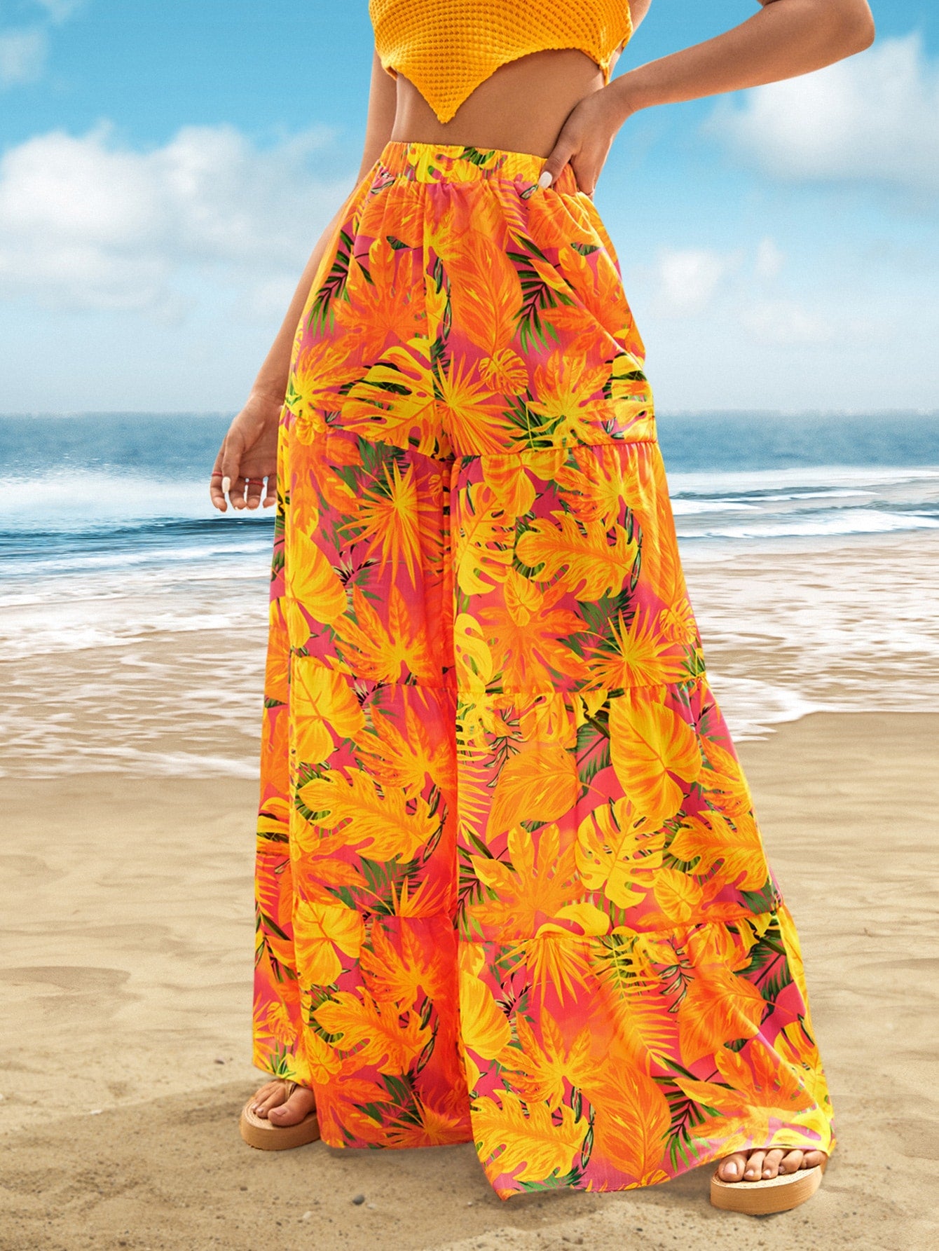 Tropical Print Ruffle Hem Wide Leg Pants