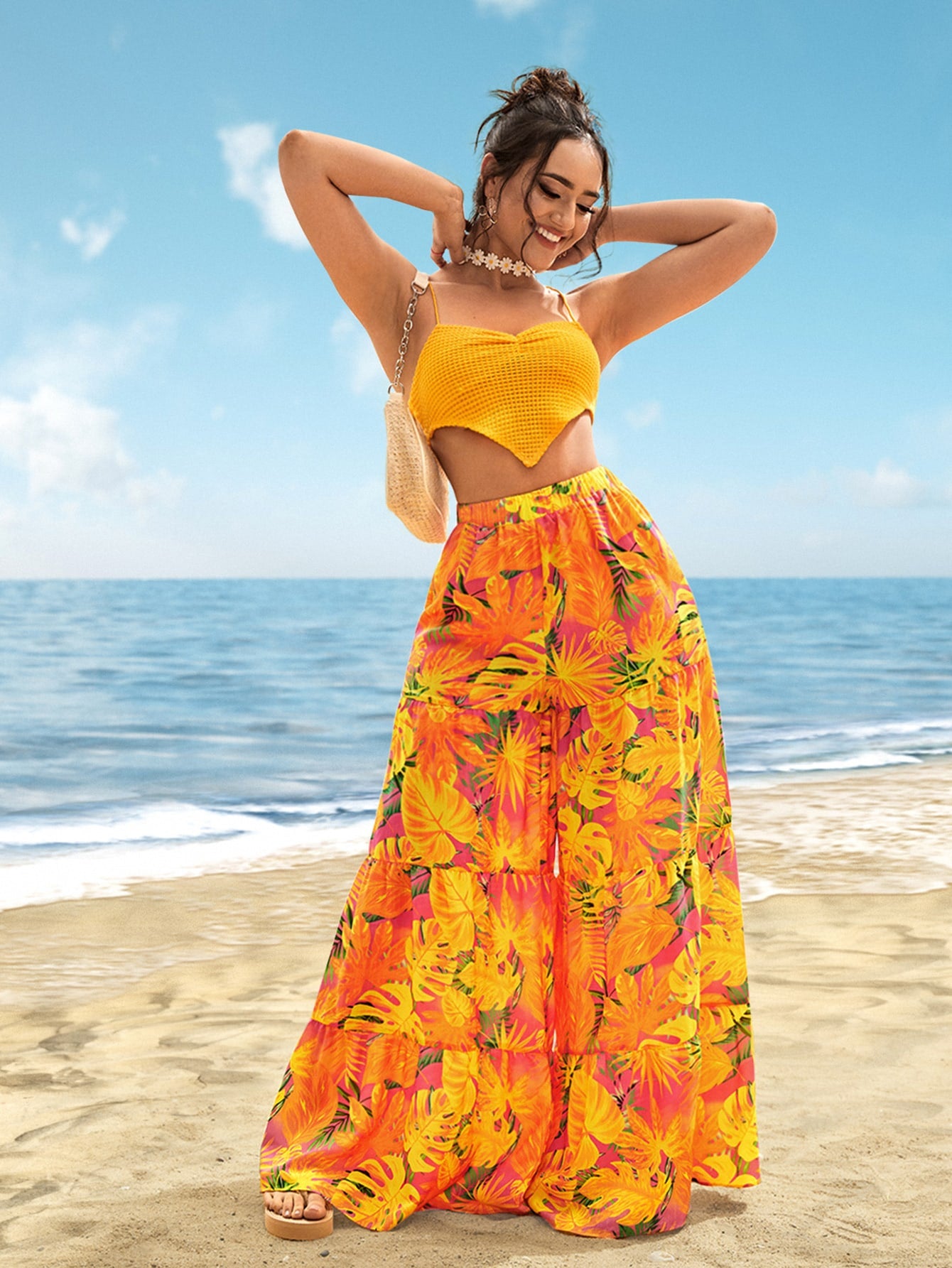 Tropical Print Ruffle Hem Wide Leg Pants