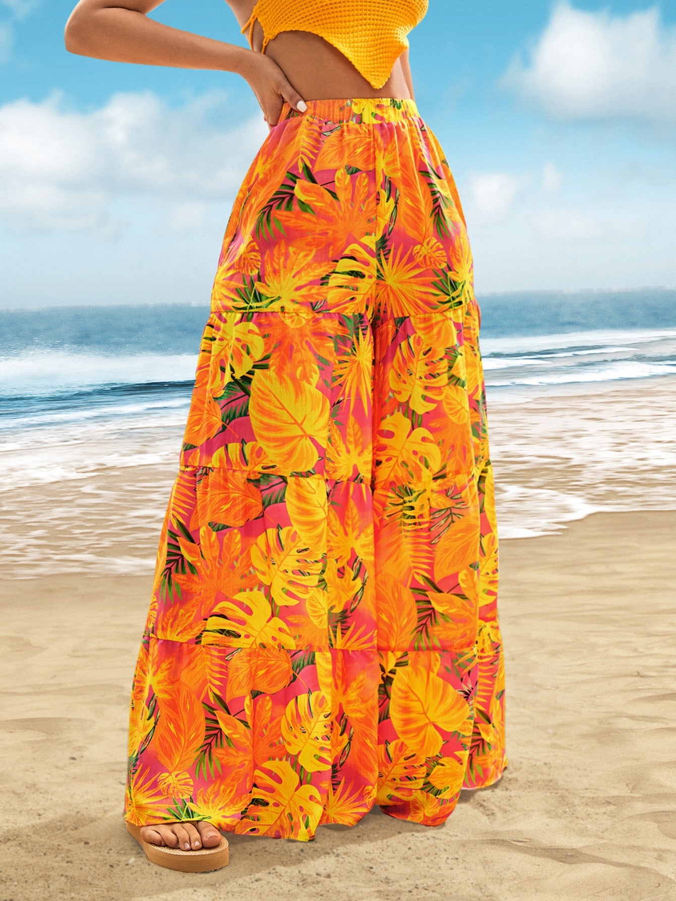 Tropical Print Ruffle Hem Wide Leg Pants