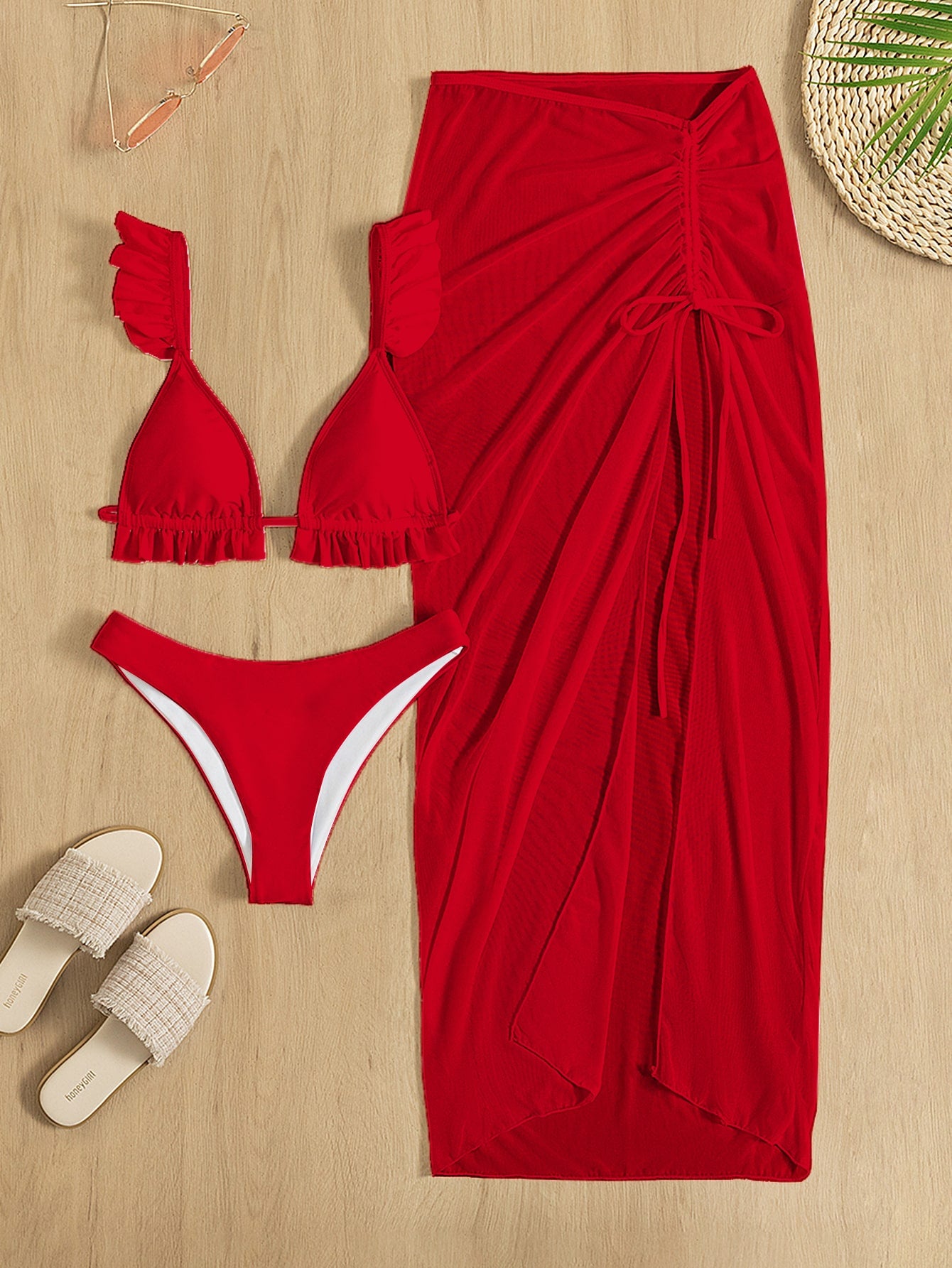 3 pc Solid Frill Trim Bikini Swimsuit Beach Skirt