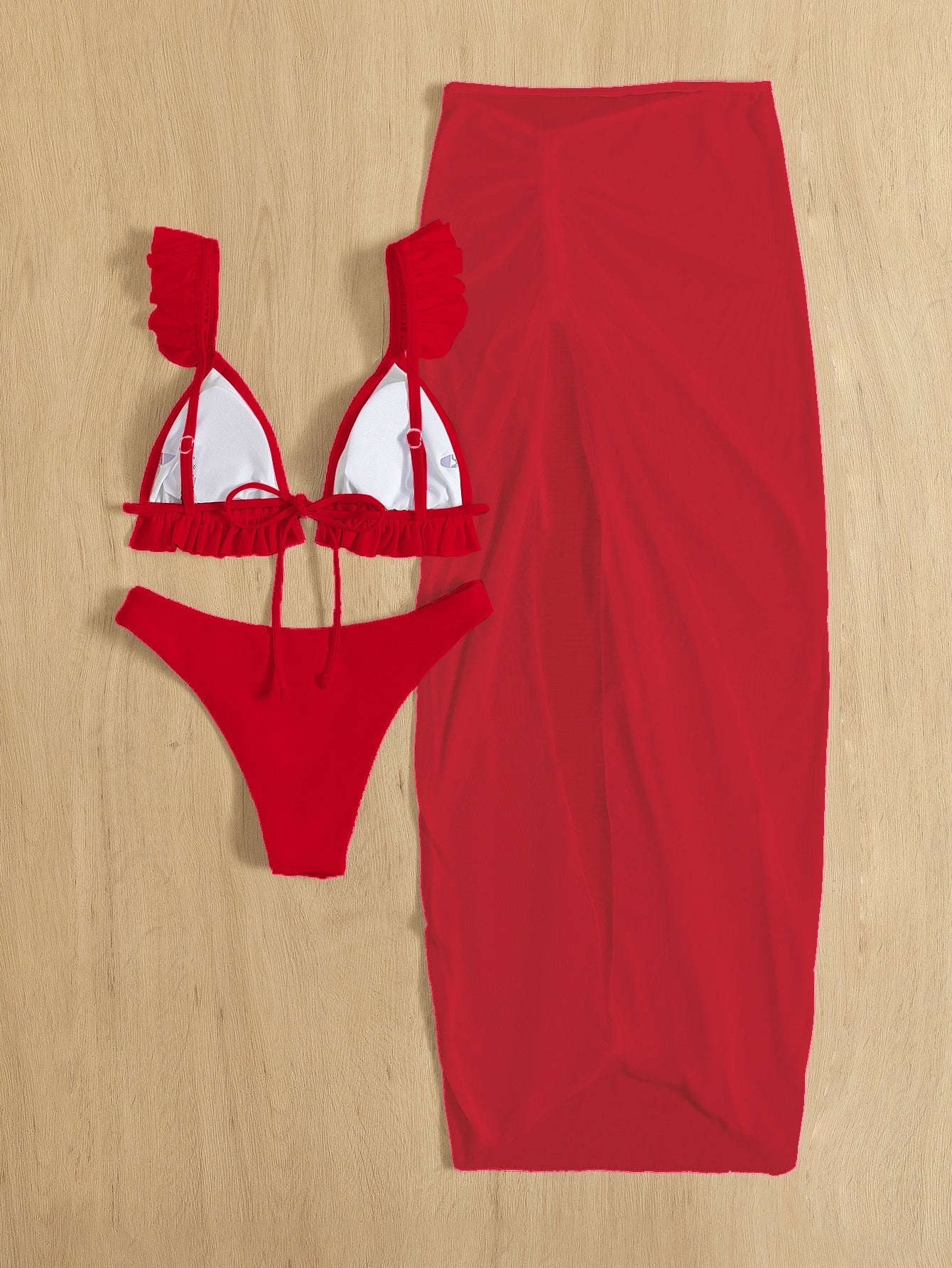 3 pc Solid Frill Trim Bikini Swimsuit Beach Skirt