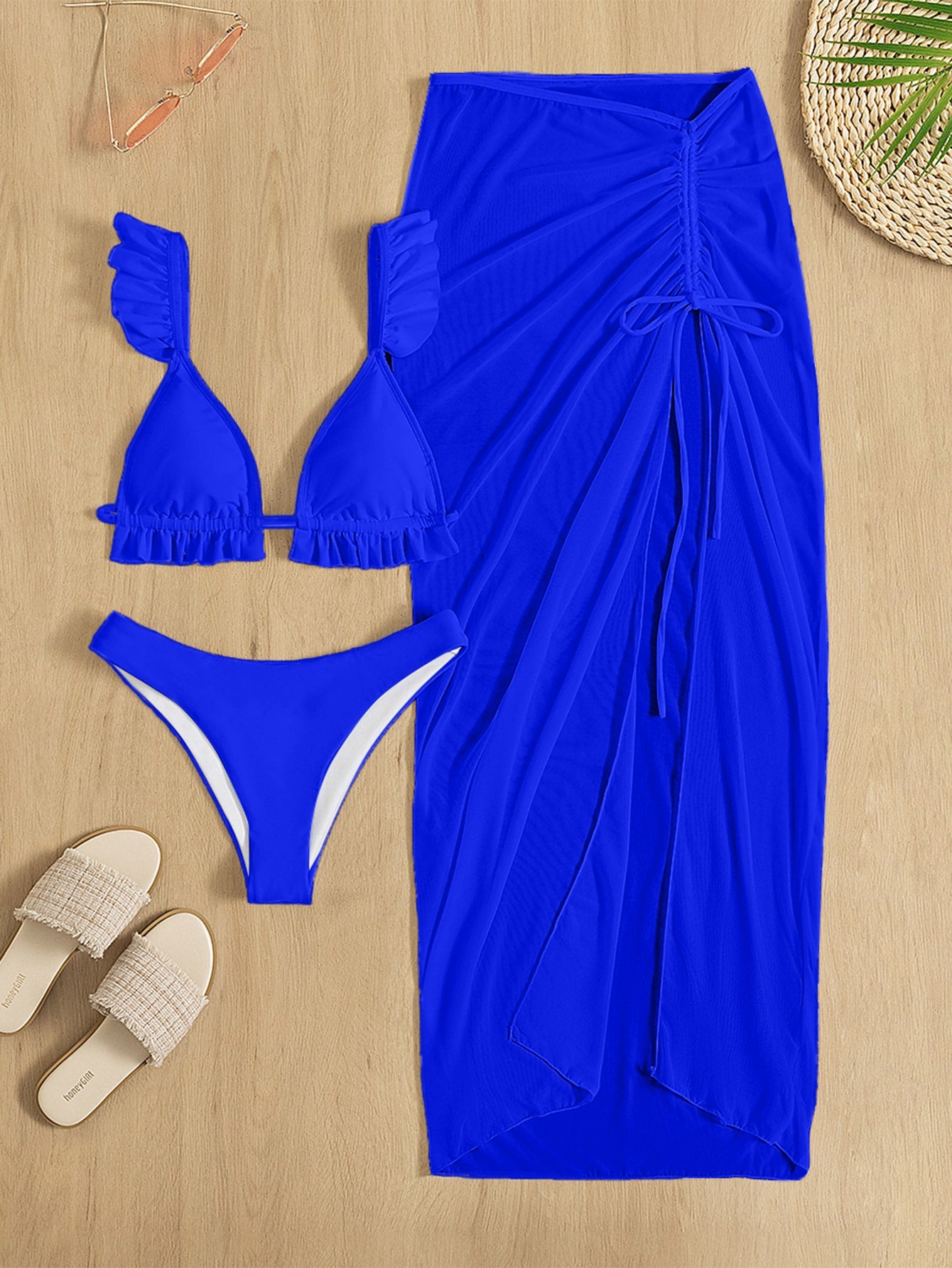 3 pc Solid Frill Trim Bikini Swimsuit Beach Skirt