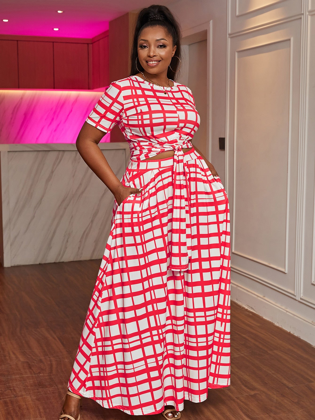 Plus Tie Front Plaid Tee and Skirt Set