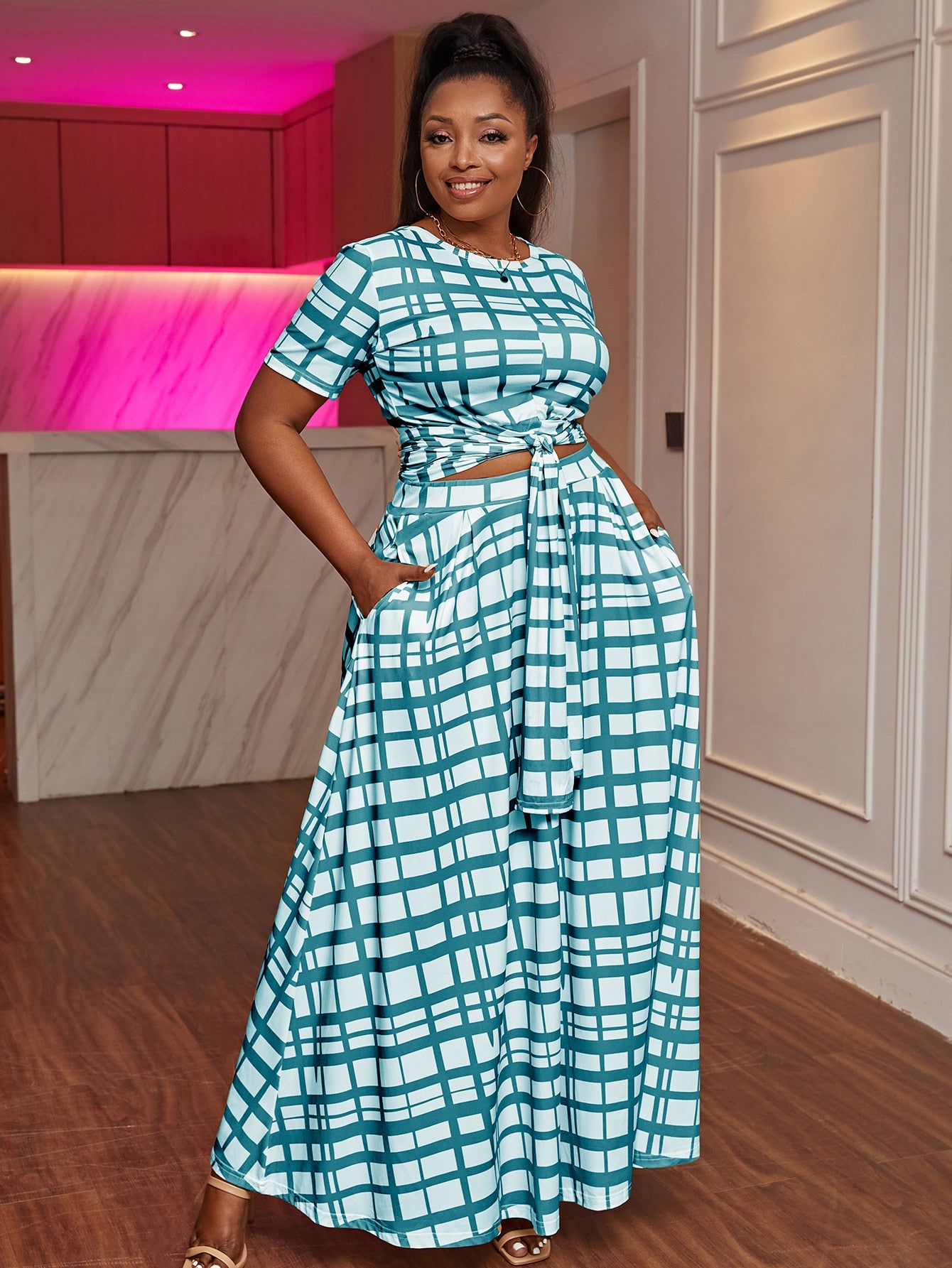 Plus Tie Front Plaid Tee and Skirt Set