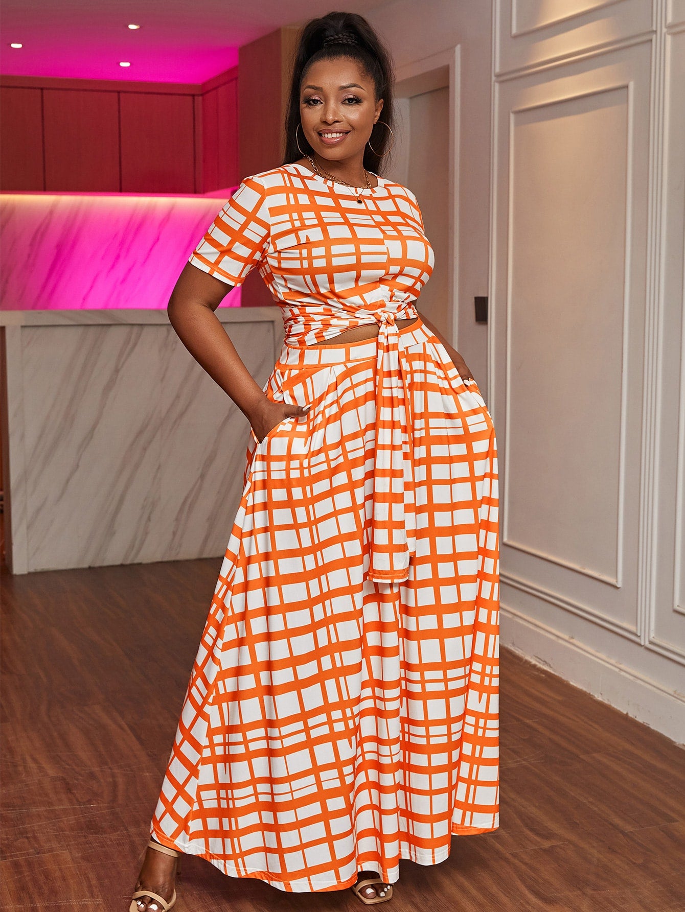 Plus Tie Front Plaid Tee and Skirt Set