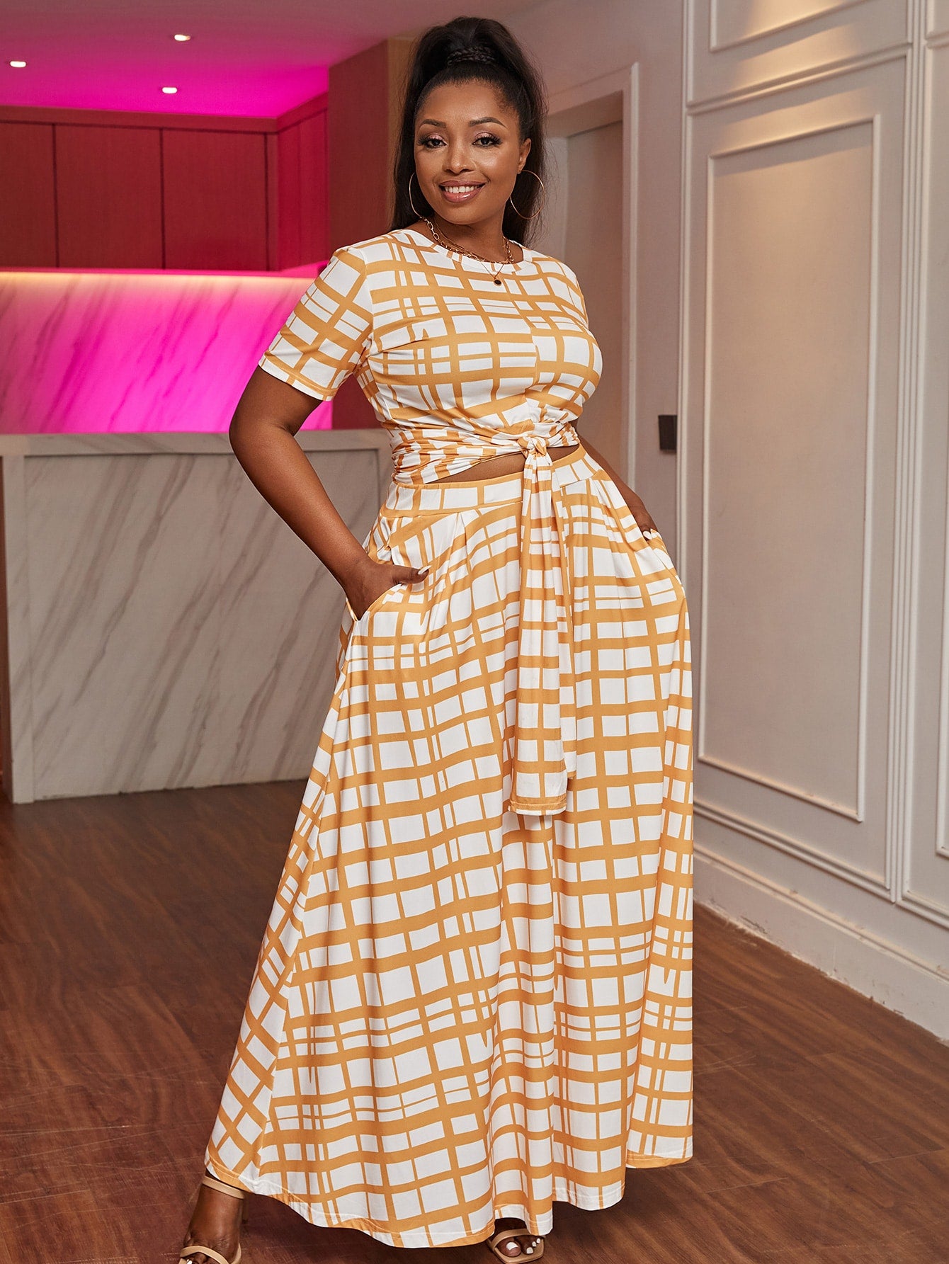Plus Tie Front Plaid Tee and Skirt Set
