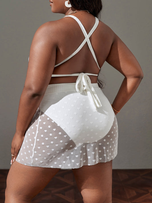 Plus Size Crisscross One Piece Swimsuit Polka Dot Heart Print Beach Skirt