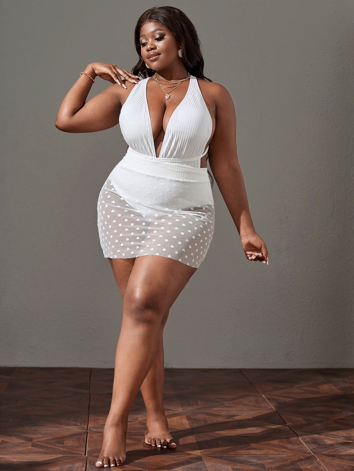 Plus Crisscross One Piece Swimsuit Polka Dot Heart Print Beach Skirt