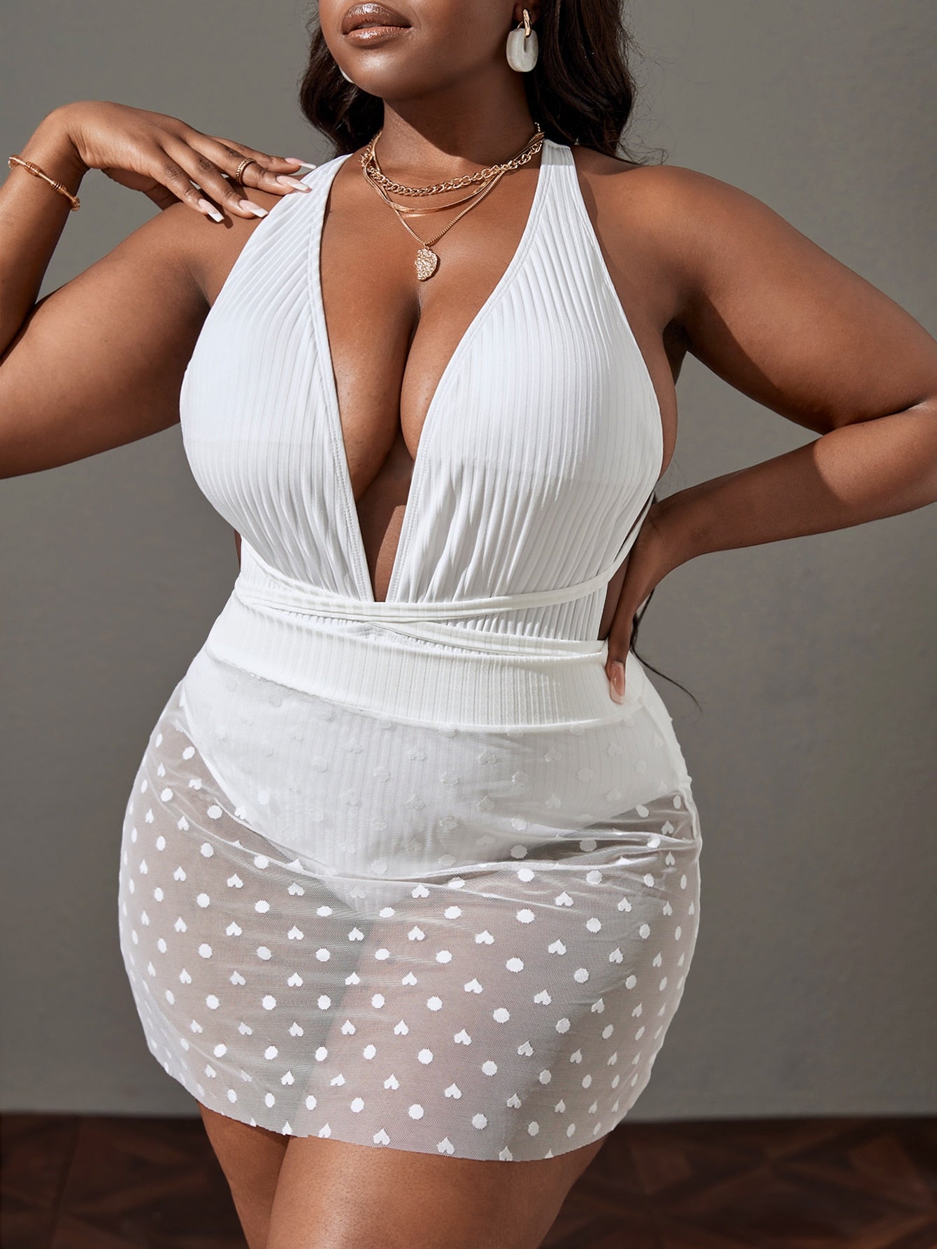 Plus Size Crisscross One Piece Swimsuit Polka Dot Heart Print Beach Skirt