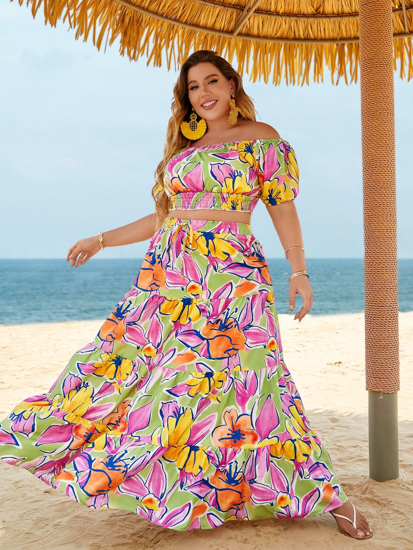 Plus Floral Print Off Shoulder Shirred Top Knot Ruffle Hem Skirt