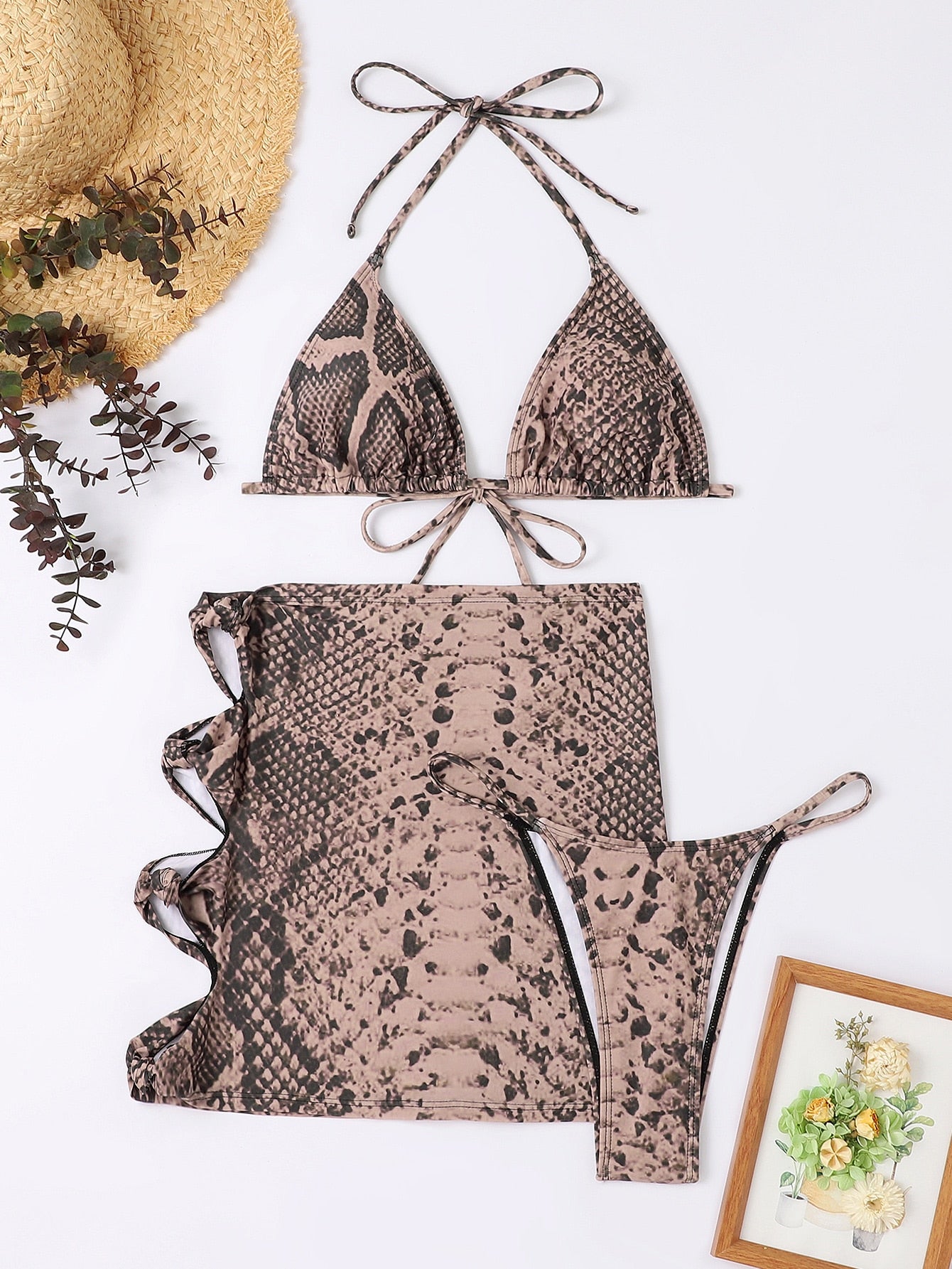 3 pc Snakeskin Print Tie Back Micro Triangle Bikini Swimsuit