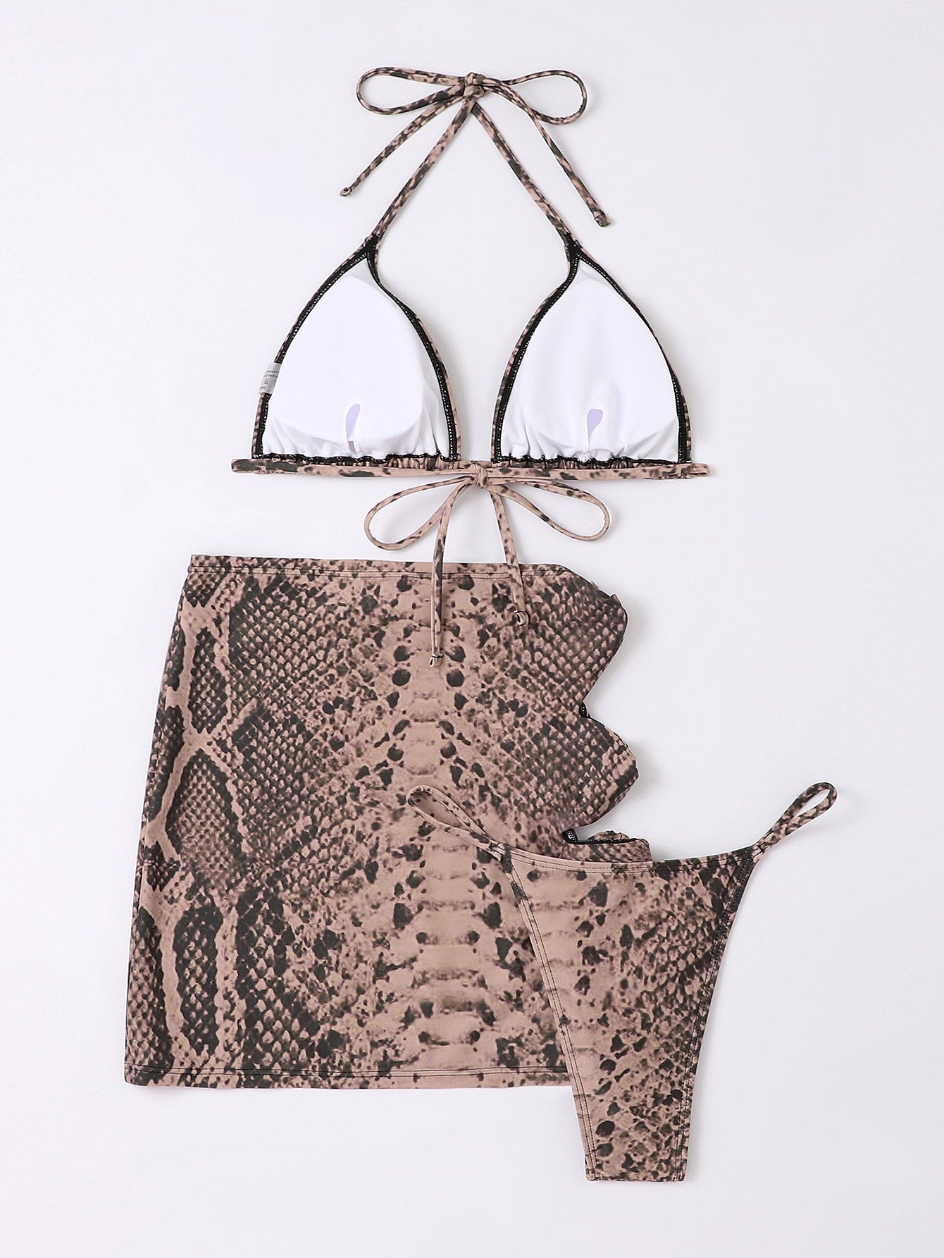3 pc Snakeskin Print Tie Back Micro Triangle Bikini Swimsuit
