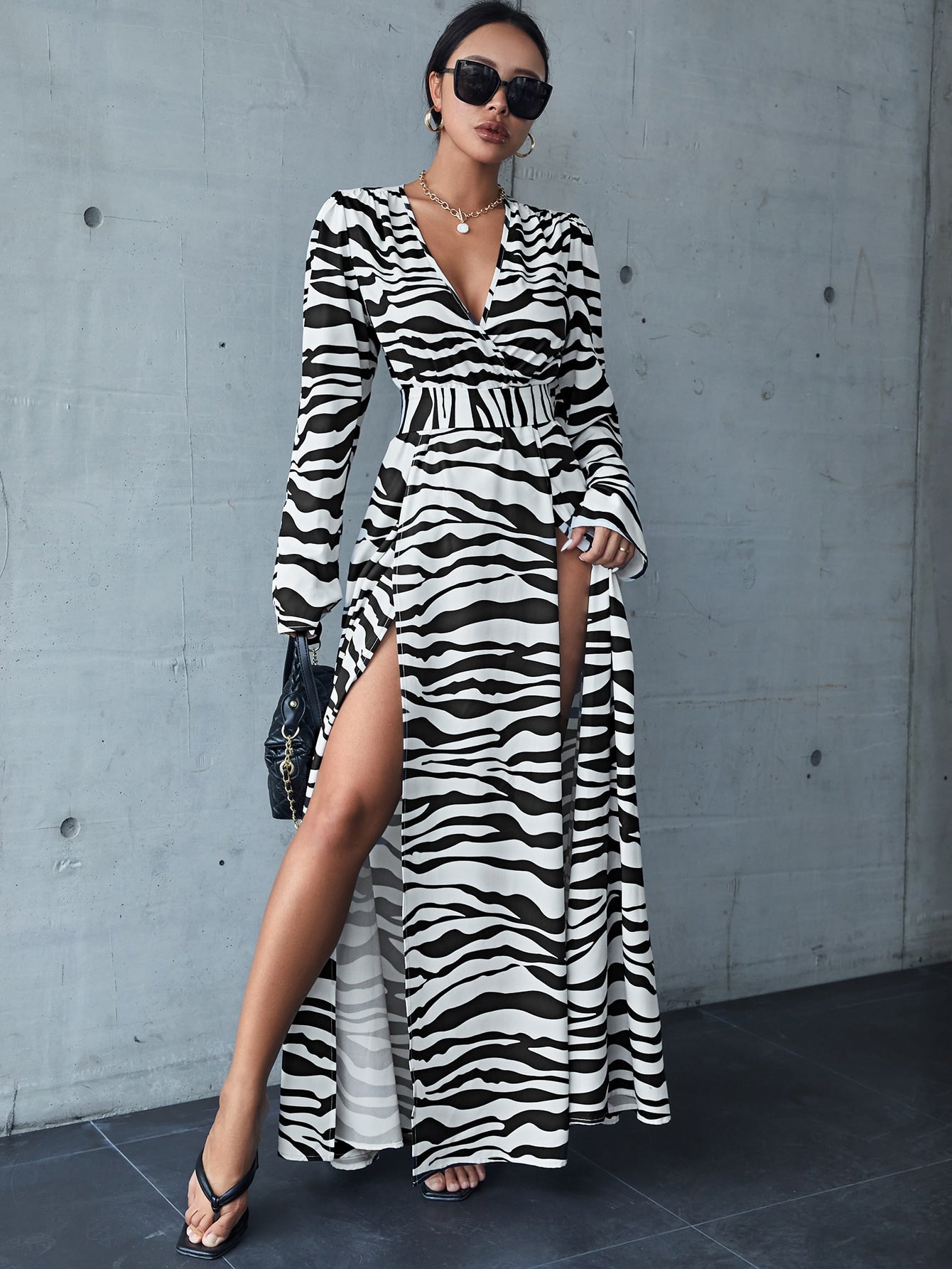 Zebra Striped Lace Up Back Wrap Maxi Dress
