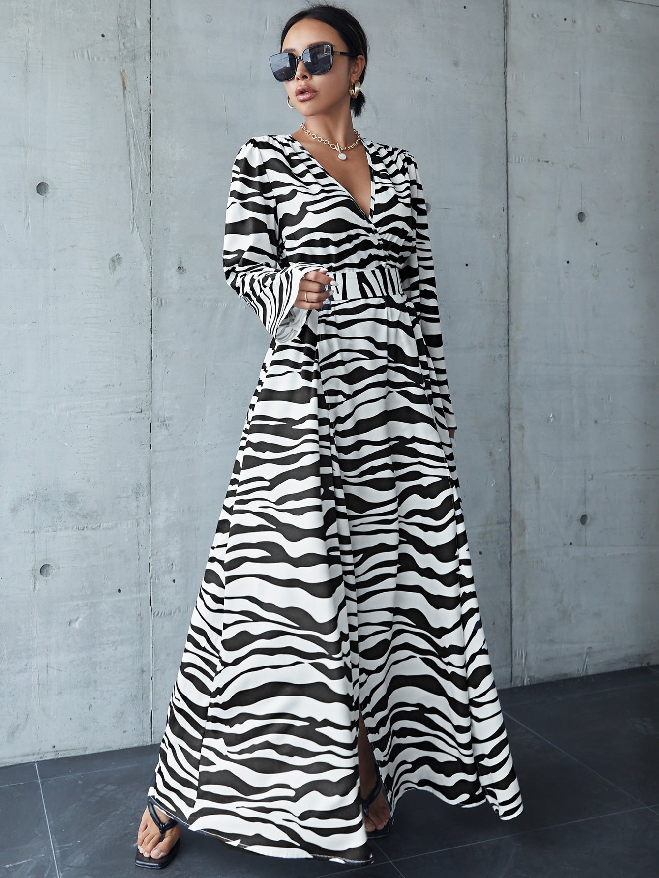 Zebra Striped Lace Up Back Wrap Maxi Dress