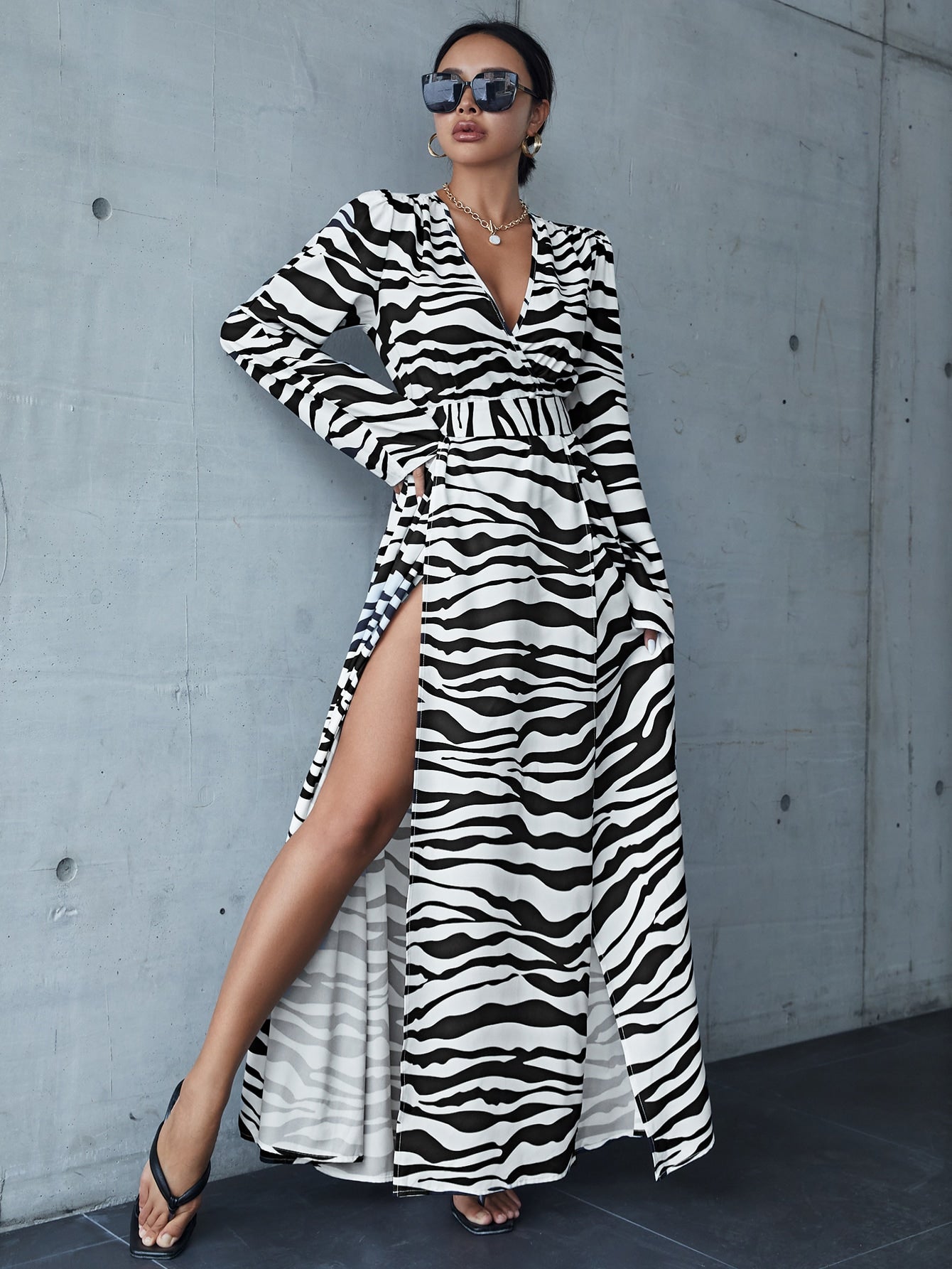 Zebra Striped Lace Up Back Wrap Maxi Dress