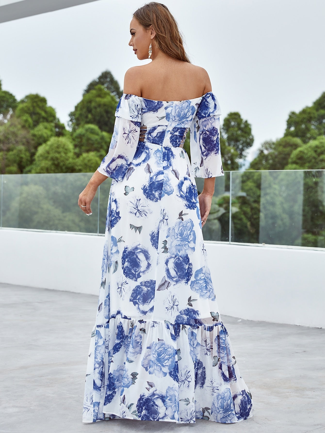 Floral Off The Shoulder Flounce Sleeve Cut Out Maxi Dress