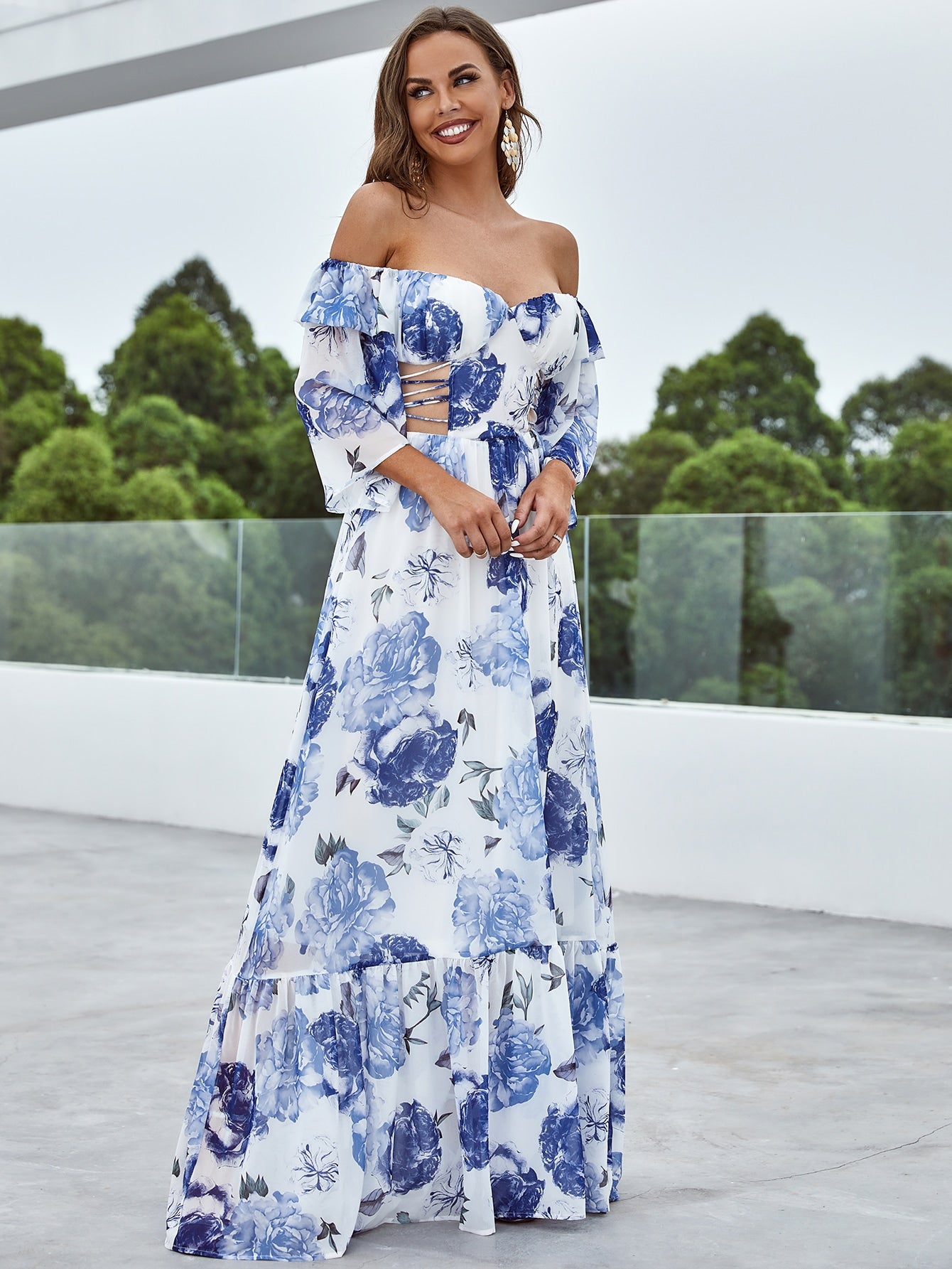 Floral Off The Shoulder Flounce Sleeve Cut Out Maxi Dress