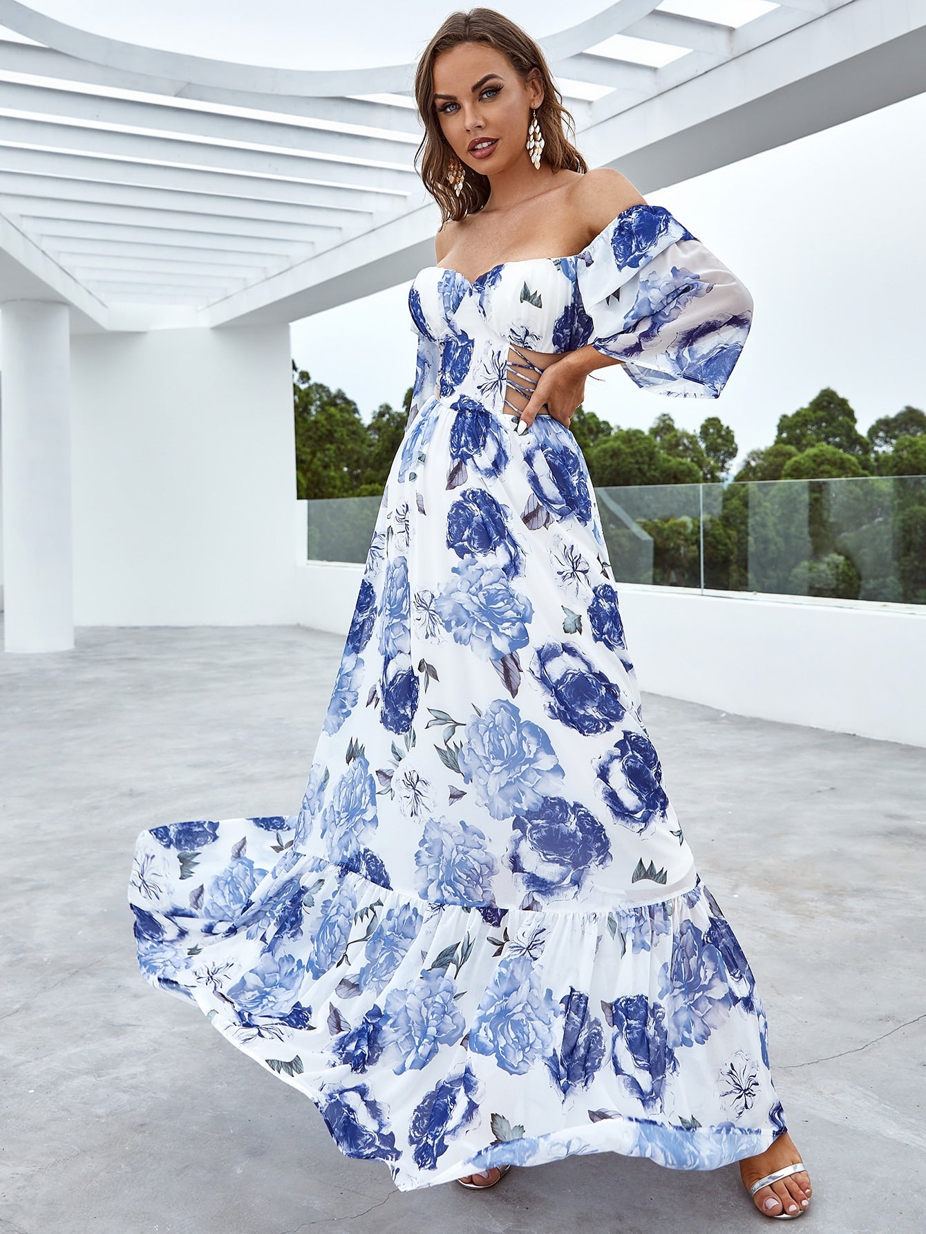 Floral Off The Shoulder Flounce Sleeve Cut Out Maxi Dress