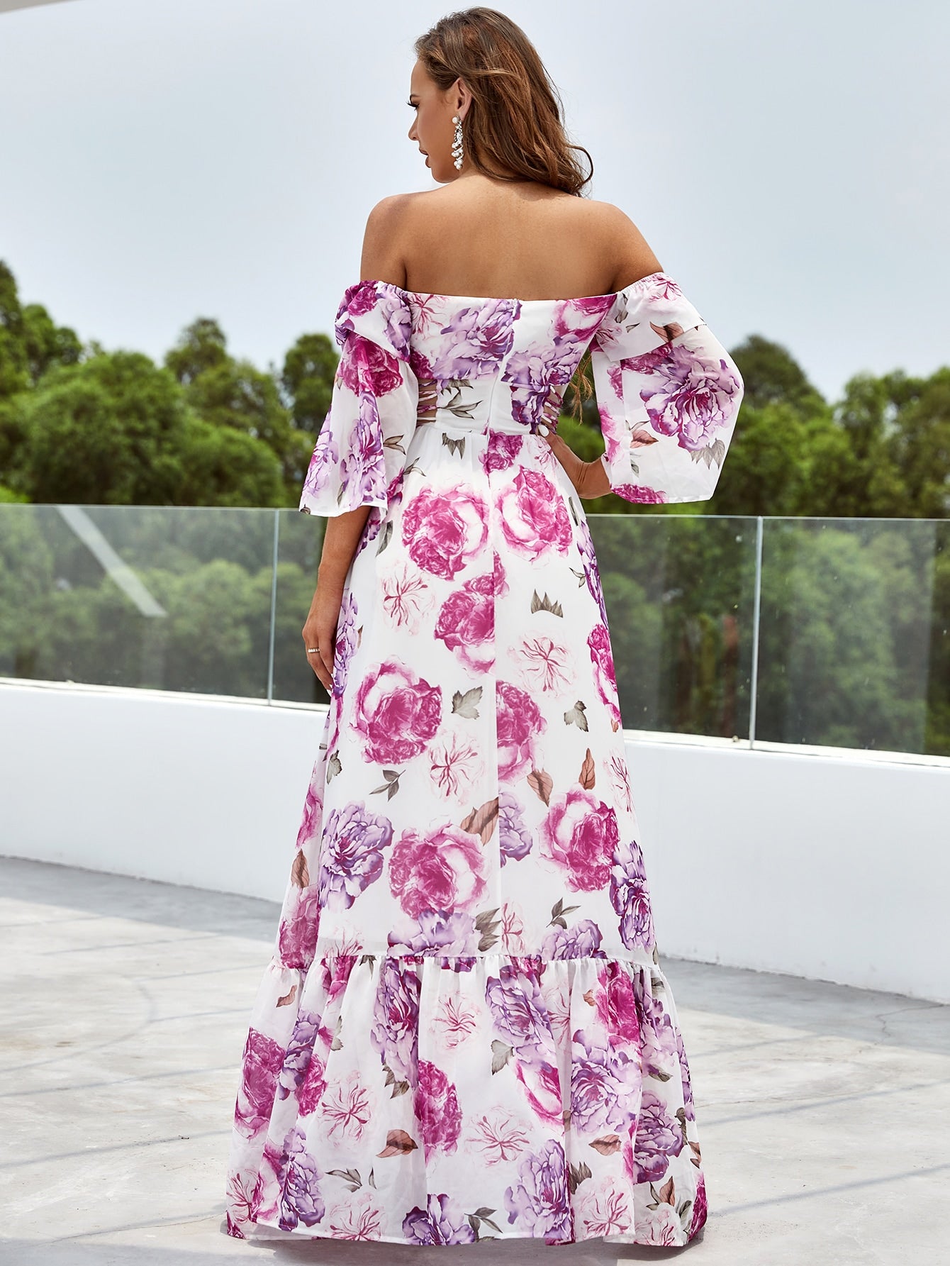 Floral Off The Shoulder Flounce Sleeve Cut Out Maxi Dress