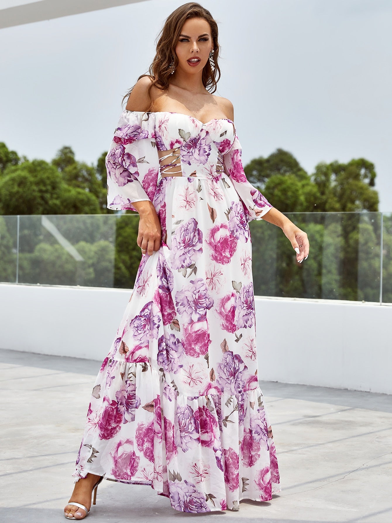Floral Off The Shoulder Flounce Sleeve Cut Out Maxi Dress